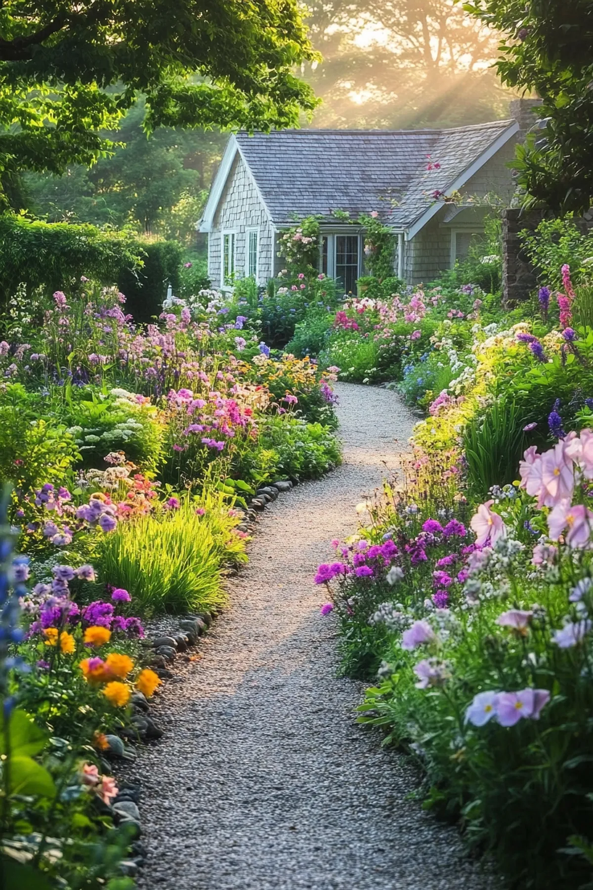 A gravel pathway surrounded by colorful flowers leading to a charming cottage
