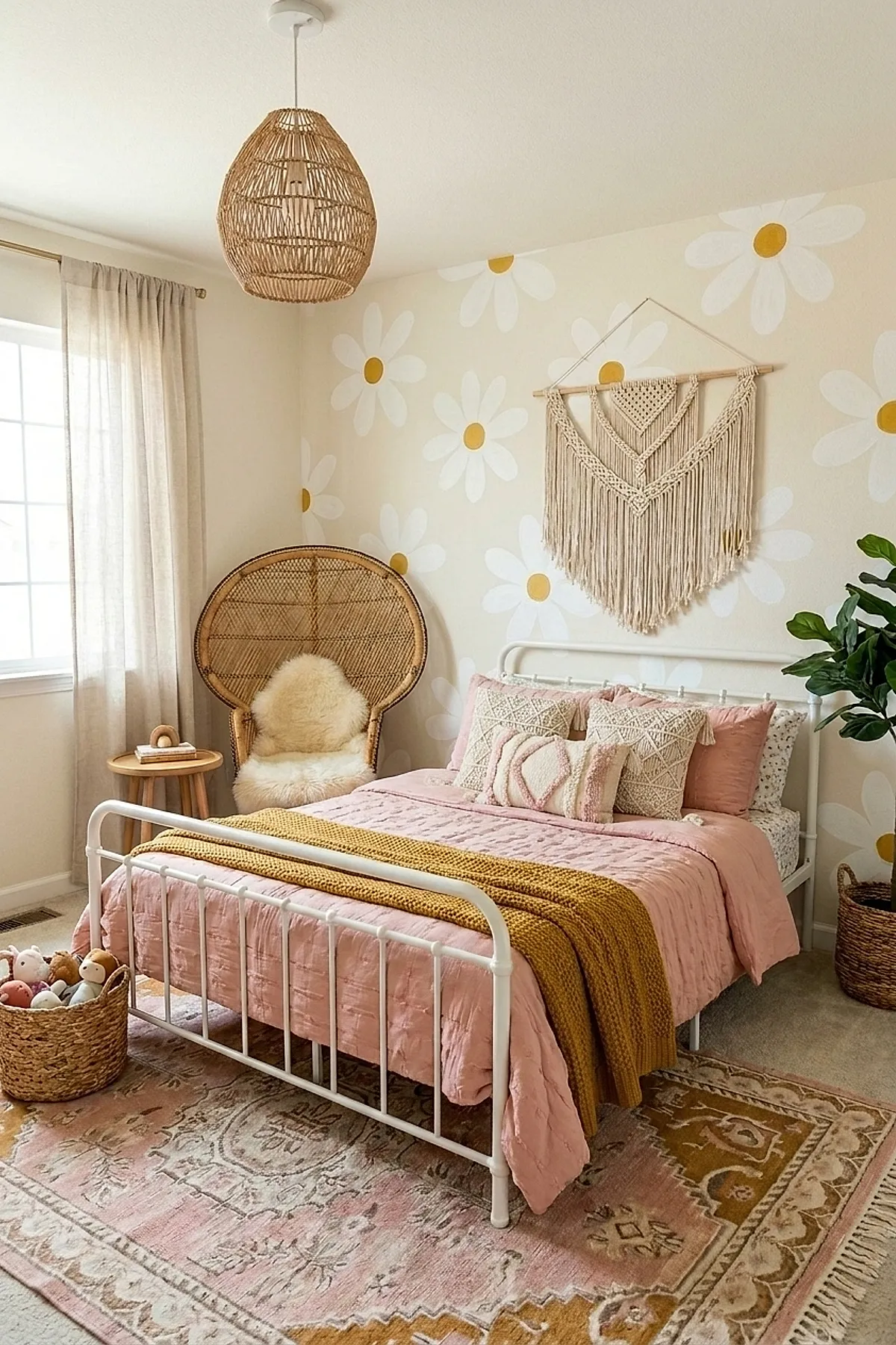 Boho girls room with pastel floral wallpaper featuring large white daisies with yellow centers, white metal bed frame with pink bedding and mustard throw blanket, woven rattan chair with fluffy cushion, macramé wall hanging above the bed, natural wood side table, basket of plush toys, and neutral curtains.