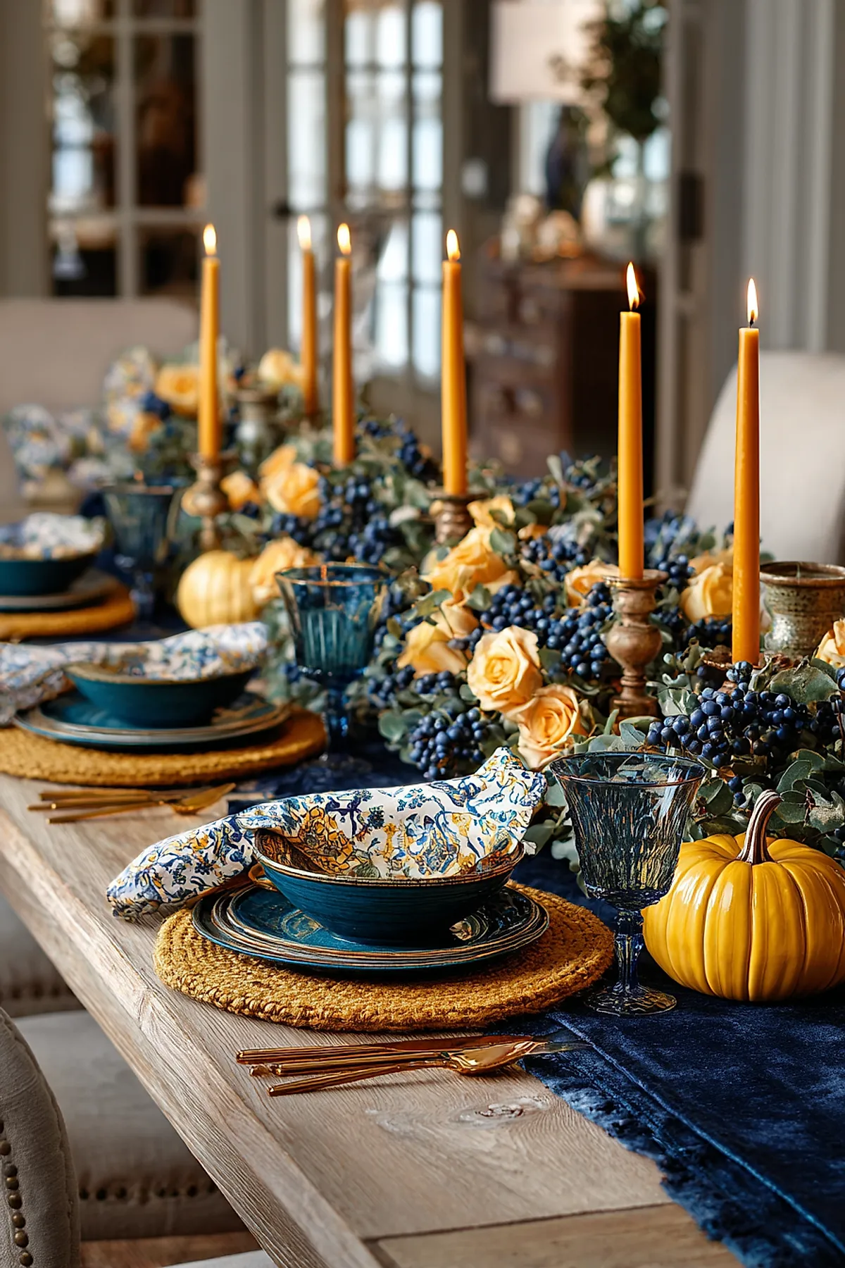 Fall dining table set with dark blue plates and bowls on round woven mustard chargers, patterned cloth napkins, tall mustard taper candles in brass holders, blue goblets, small yellow pumpkins, yellow roses intertwined with dark blue berries as centerpiece on wooden table.