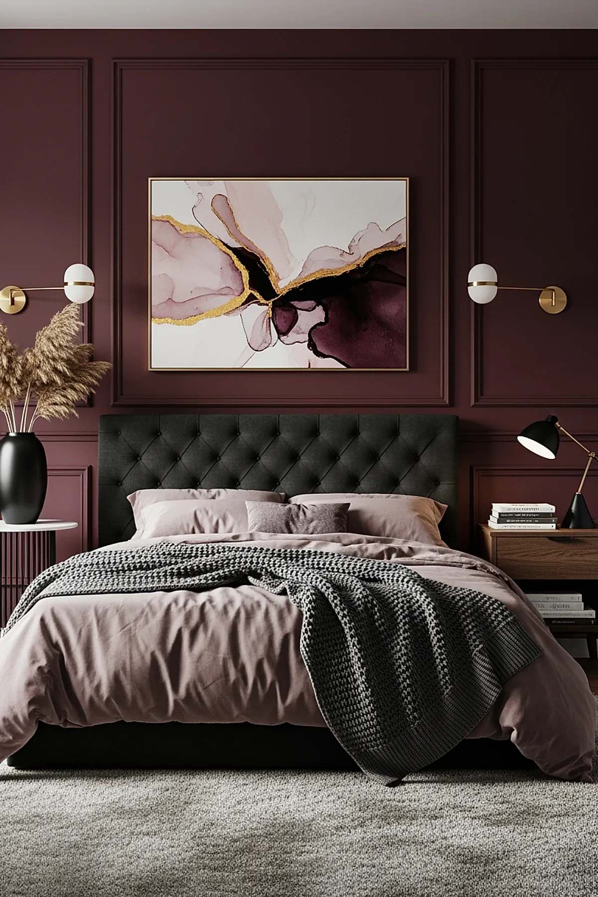 Dark feminine bedroom with deep plum paneled walls, a charcoal gray tufted headboard, soft mauve bedding, a black and white knitted throw draped over the bed, gold-accented abstract artwork above the bed, brass wall sconces with white globes, wooden nightstand with books and black lamp, and dried pampas grass in a tall black vase on a side table.