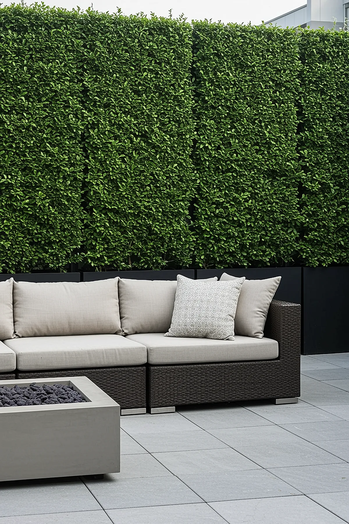 Dense green hedge privacy screen behind a modern wicker sofa with light gray cushions on a patio.