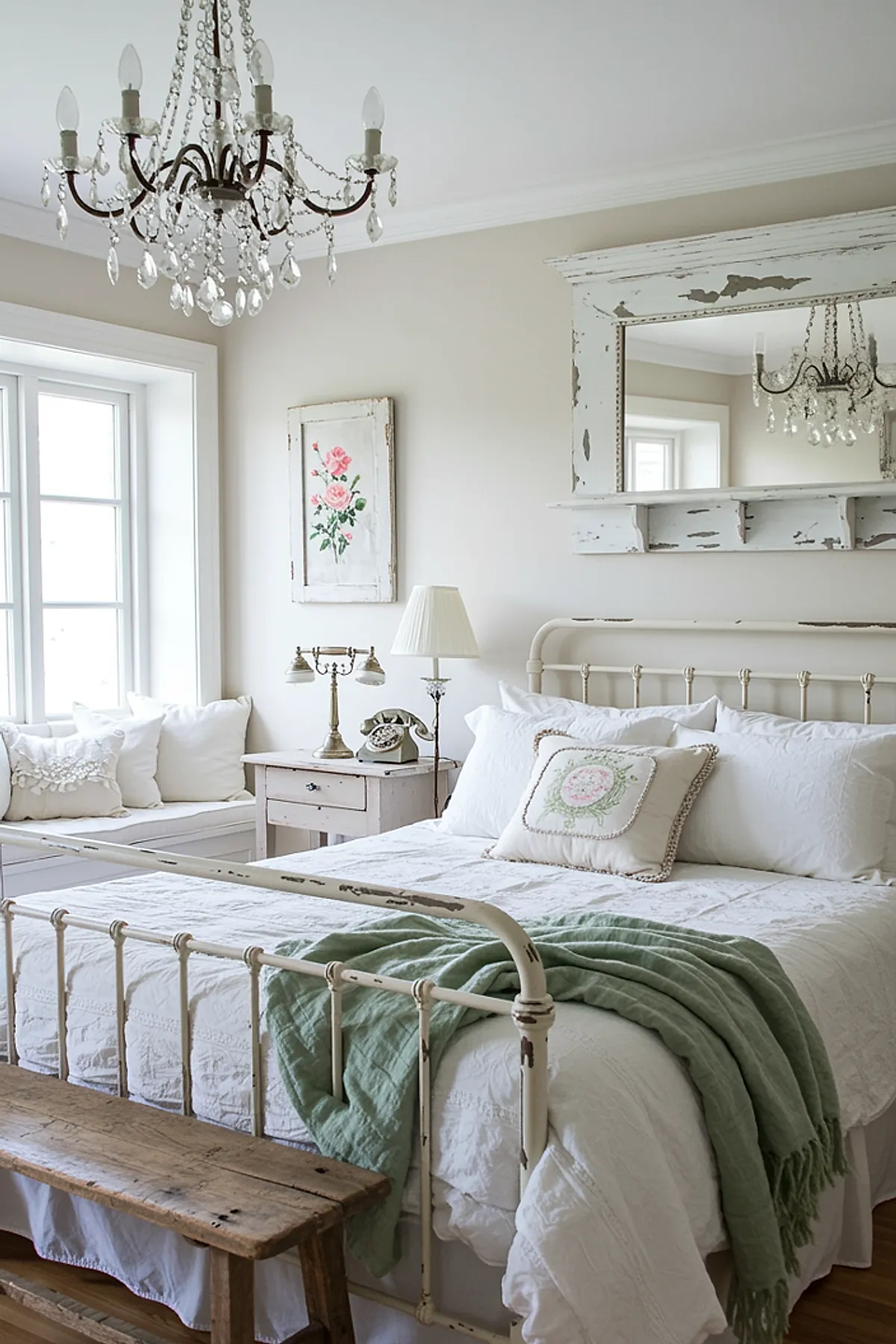 vintage cottage bedroom with distressed white iron bed dressed in white linens and muted green throw, wooden bench at foot of bed, crystal chandelier overhead, beige walls with floral artwork, antique bedside table holding vintage lamp and rotary phone