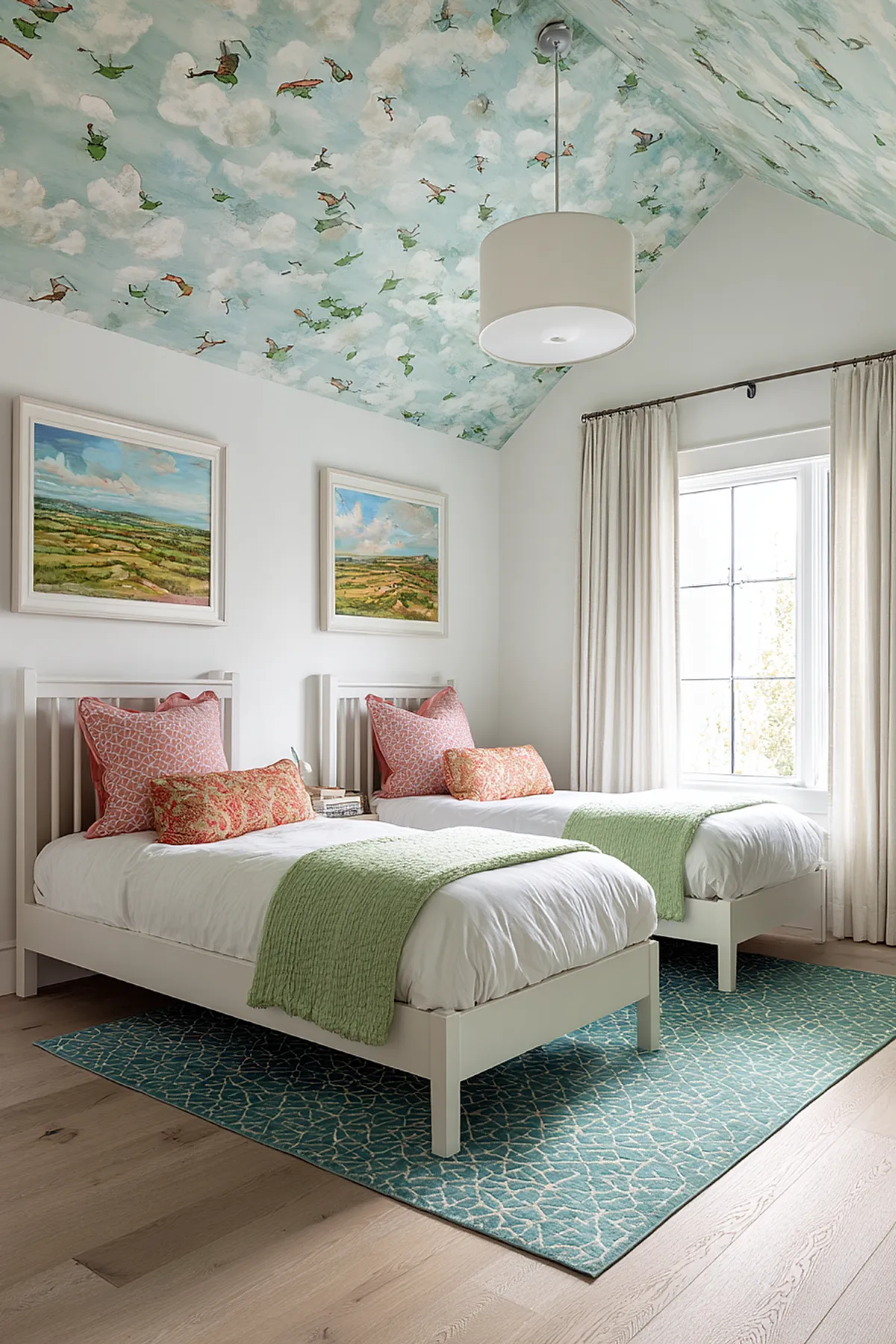 Girls shared bedroom with two white twin beds dressed in white bedding, pink patterned pillows, green throw blankets, blue patterned area rug, light wood flooring, and a sloped ceiling covered in whimsical cloud and flying girl wallpaper.
