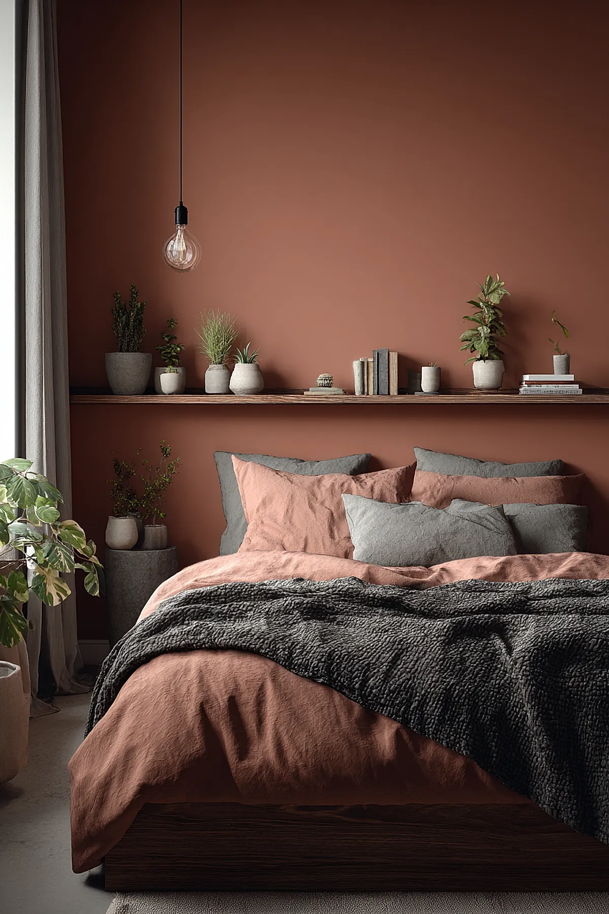 Dark feminine bedroom with warm rust-colored walls, a wooden bed frame dressed in soft dusty pink and gray linens, layered pillows in muted tones, a thick dark gray knitted throw blanket, minimalist floating wooden shelf above the bed holding small potted plants and stacked books, and sheer curtains letting natural light in from the left.