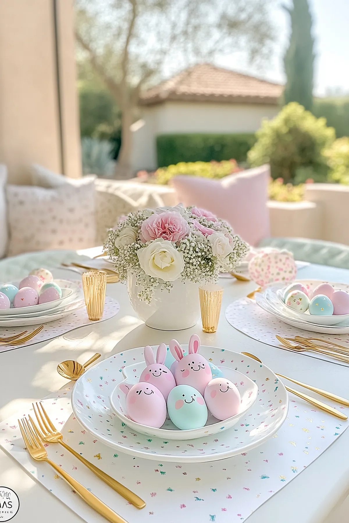 A beautifully arranged Easter table with pastel eggs, bunny decorations, and fresh flowers.