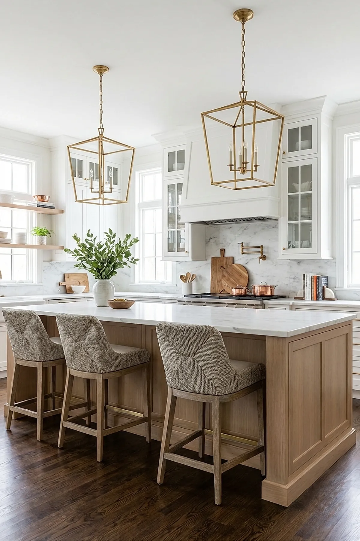 Bright kitchen with a large wooden kitchen island topped with white marble countertop, decorated with a white vase filled with green leafy branches, surrounded by textured beige bar stools and illuminated by two gold geometric pendant lights.