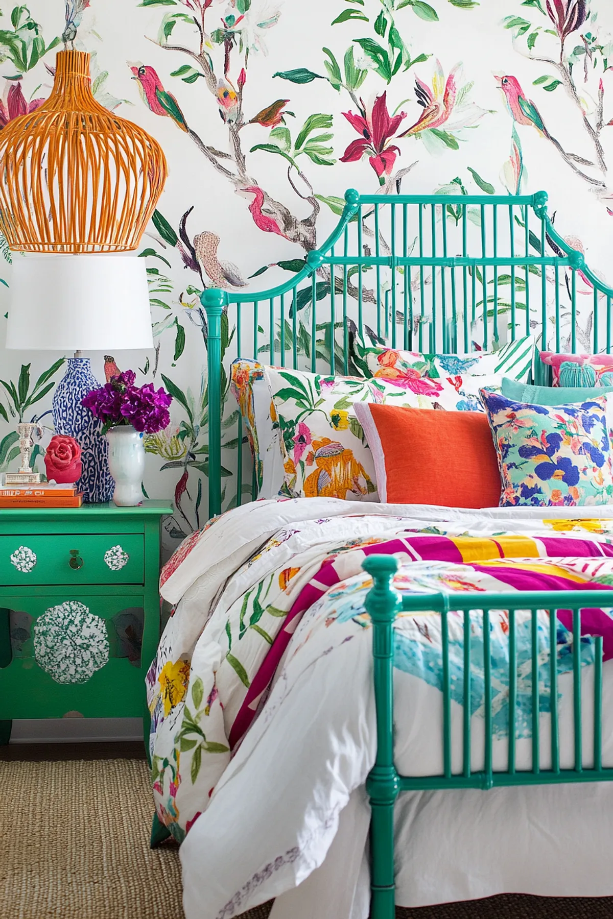 Vibrant tropical bedroom with turquoise floral bed, orange woven pendant light, and bird-themed wallpaper