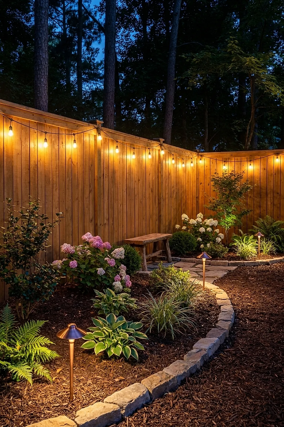 Landscape along fence line featuring a wooden fence with string lights overhead, bordered by flowering plants and greenery with stone edging and a rustic wooden bench at dusk