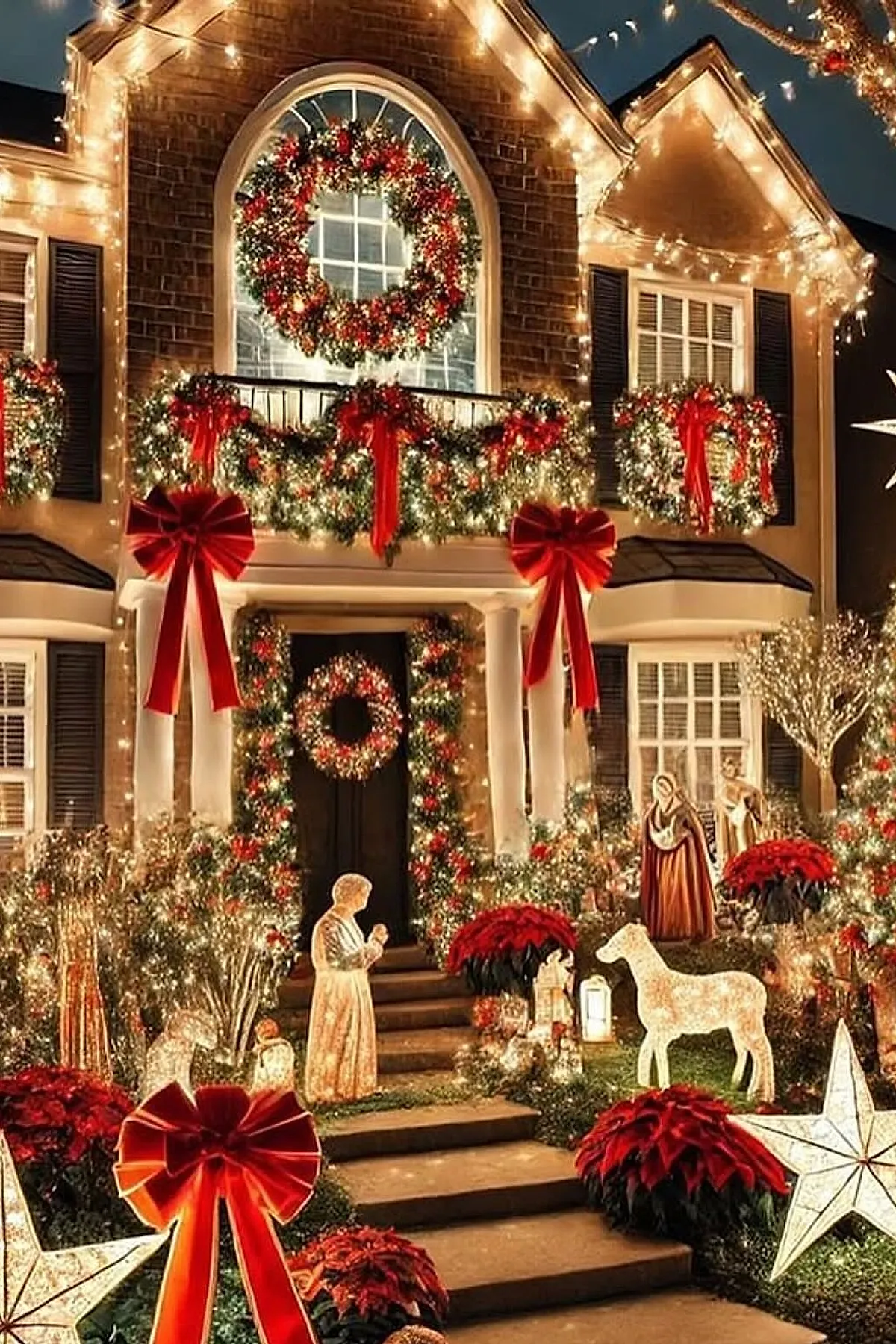Two-story brick house decorated with bright warm christmas lights outlining roof edges and windows, large wreaths with red berries and big red bows on balcony railing and front door, illuminated nativity figures, poinsettia plants, star-shaped lanterns, and sparkling bushes lining the walkway.