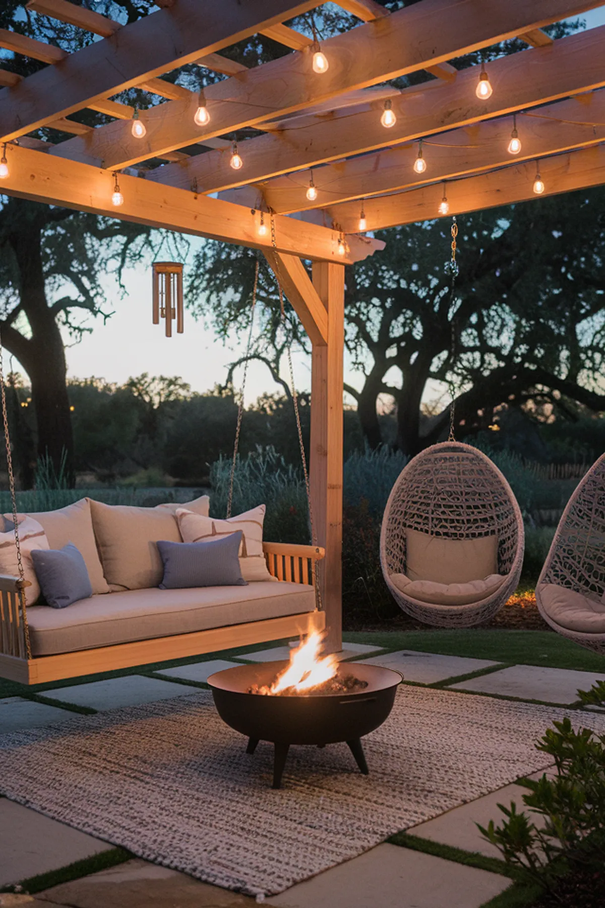 A cozy backyard setup featuring a fire pit, swing couch, and hanging chairs under string lights.