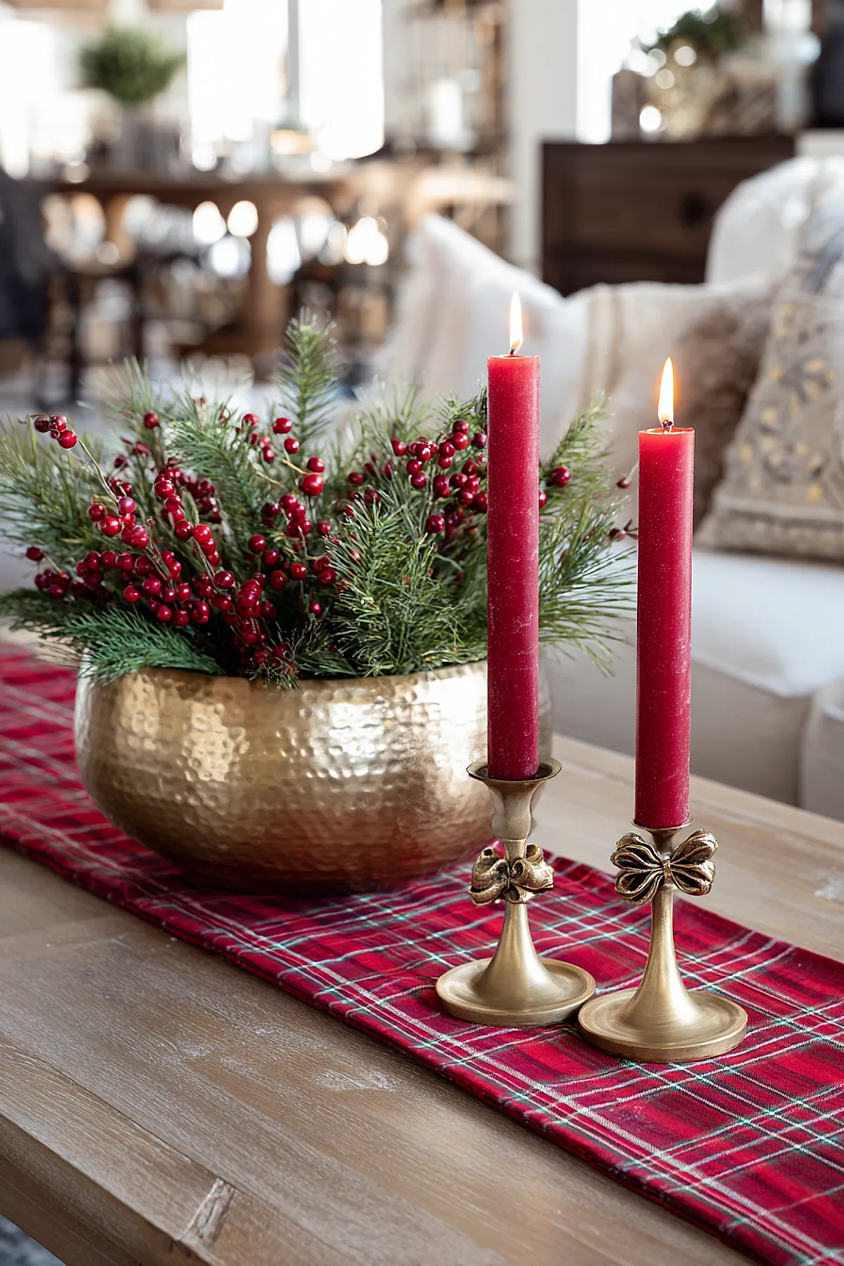christmas coffee table decor featuring two lit red taper candles held in vintage-style hammered gold candleholders decorated with bow details, placed on a red plaid runner atop a natural wood coffee table with neutral-toned pillows and blurred living room background