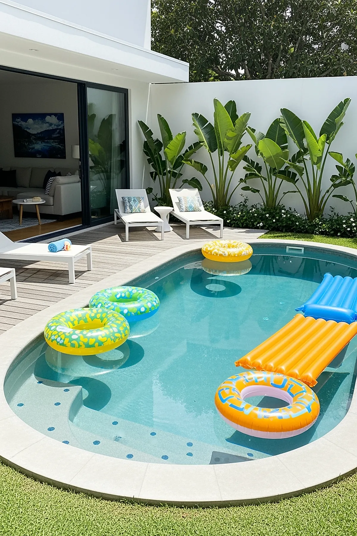 A small kidney-shaped inground pool with clear blue water featuring colorful inflatable floaties in yellow, green, blue, and orange, surrounded by a beige stone edge, wooden deck with white lounge chairs, tropical plants along a white wall, and an open sliding glass door revealing a living room.