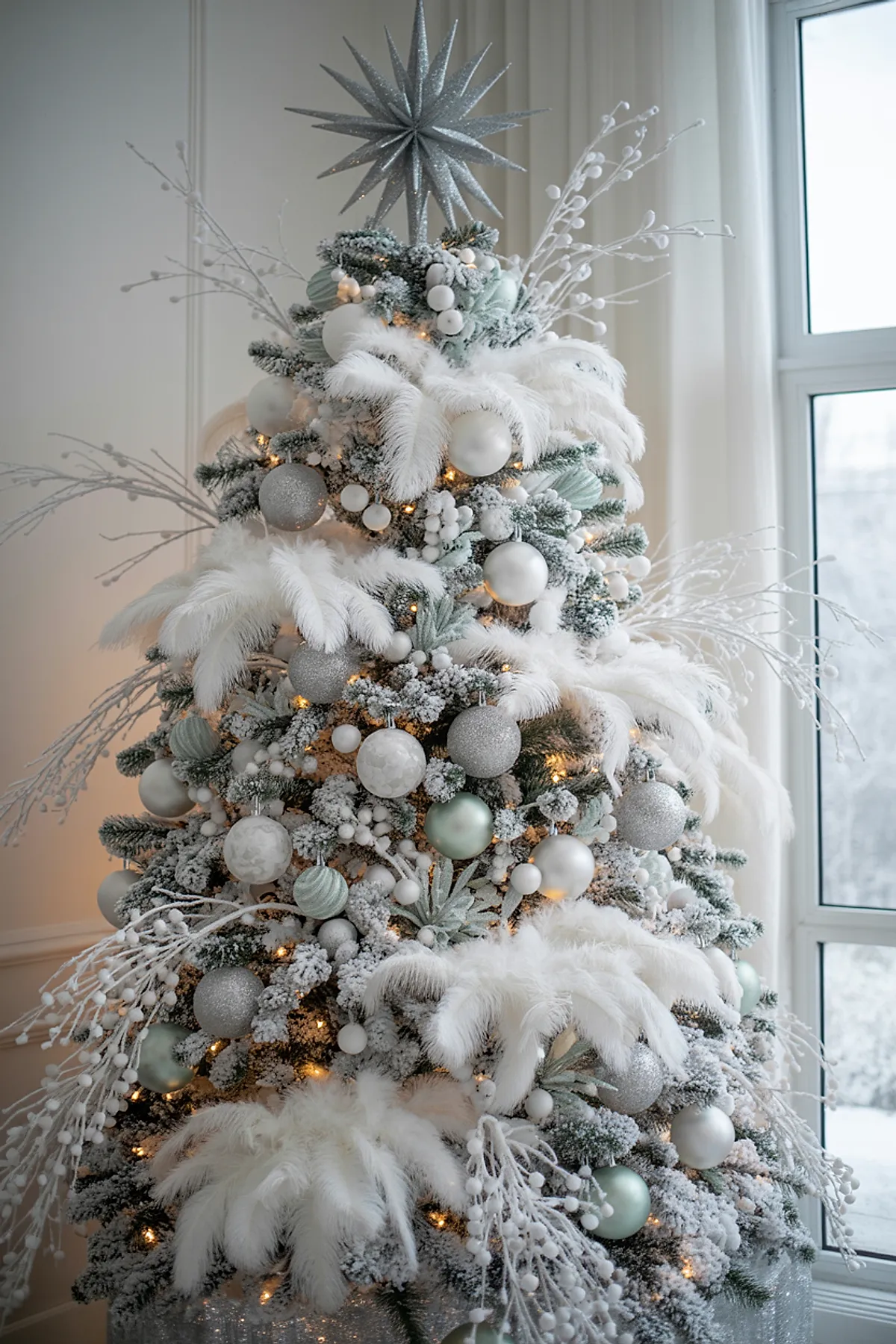 White flocked Christmas tree decorated with large white feathers, pastel blue and silver baubles, frosted berry branches, warm white string lights topped with a large glittery silver star next to tall windows.