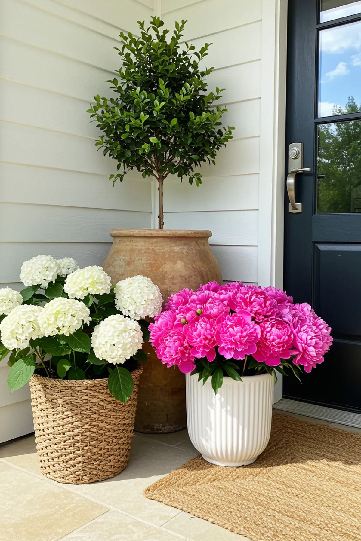 Front porch featuring white hydrangeas and pink peonies in natural planters beside a topiary.