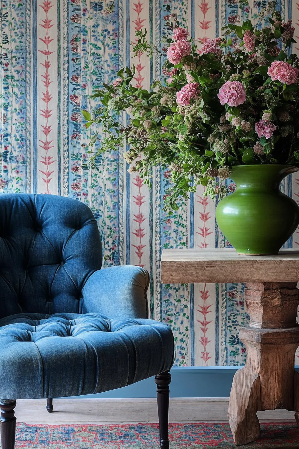 Elegant room with vertical striped floral wallpaper, blue tufted armchair, and wooden table with pink flowers.