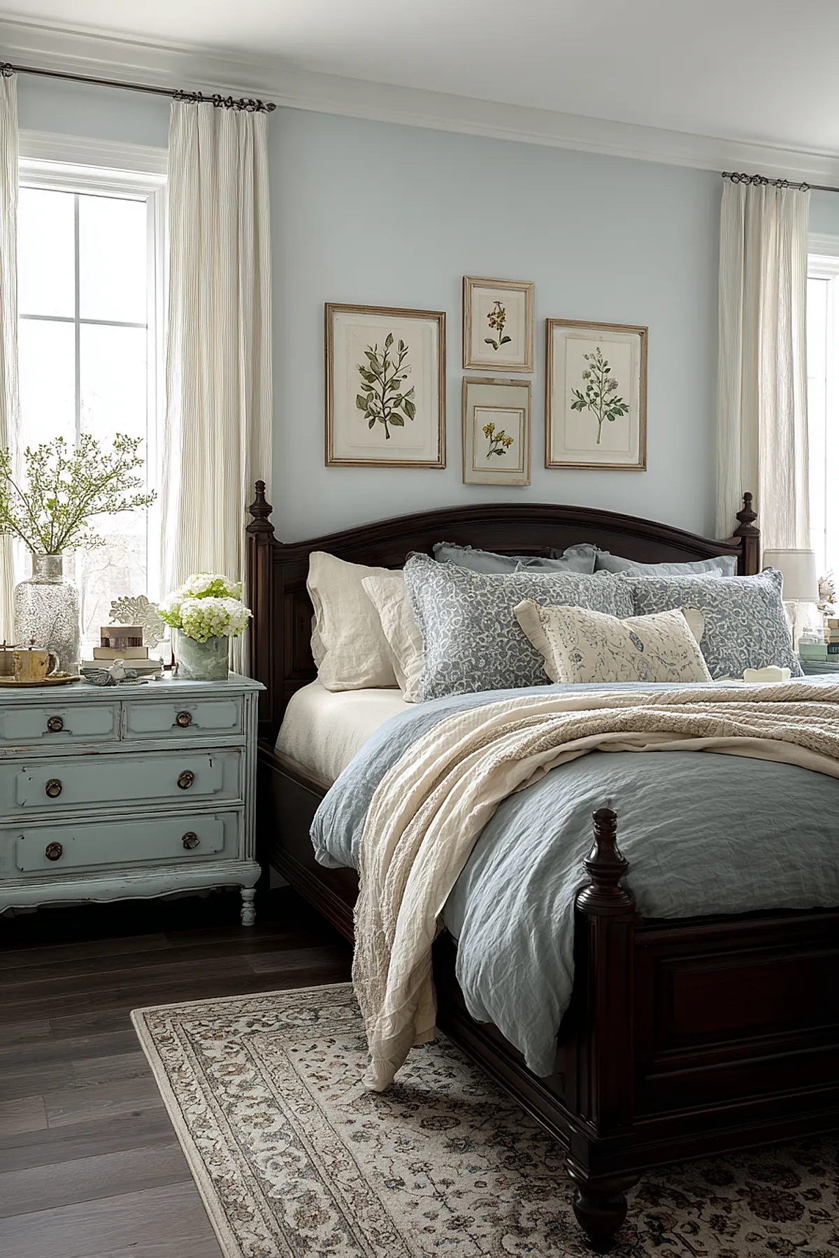 French Blue bedroom featuring a dark wood four-poster bed with layered bedding in soft blue and cream tones, a distressed light blue vintage nightstand with brass knobs, two tall windows with sheer white curtains, botanical artwork above the headboard, and floral arrangements on the nightstand.