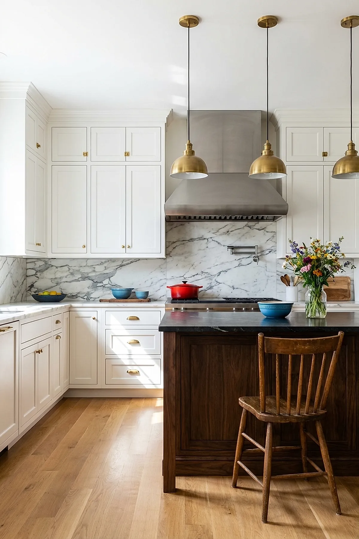Bright kitchen with white cabinetry, white marble countertops and backsplash, dark wood kitchen island with black countertop, decorated with a clear glass vase holding a colorful bouquet of flowers, blue bowls, wooden cutting boards, brass hardware, and three brass pendant lights above.