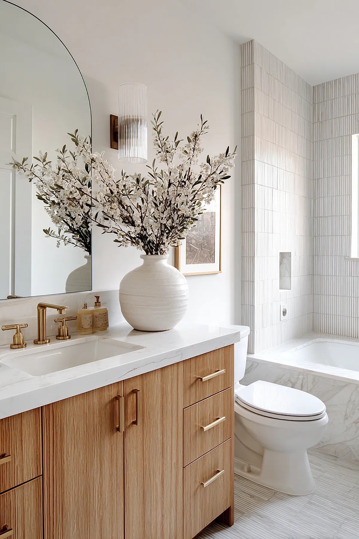Warm neutral bathroom featuring a wooden vanity with vertical grain, white marble countertop with subtle veining, brass faucet fixtures, large arched mirror, ribbed glass wall sconce, and a round white ceramic vase holding tall branches of delicate white flowers next to a bathtub with white tile surround.