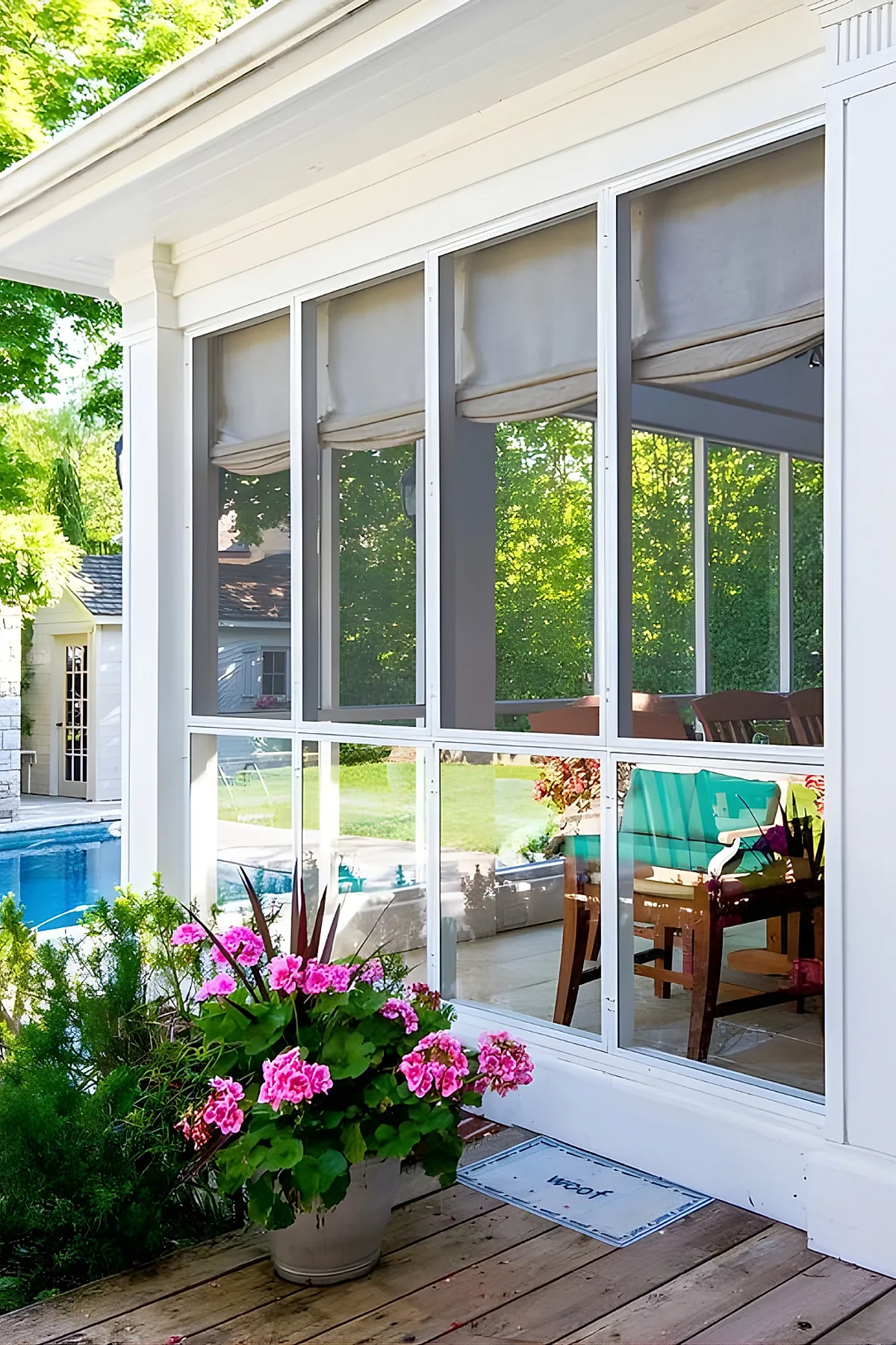Screened in porch with large clear windows reflecting green trees and outdoor pool, wooden deck floor with potted pink flowers near white framed screens