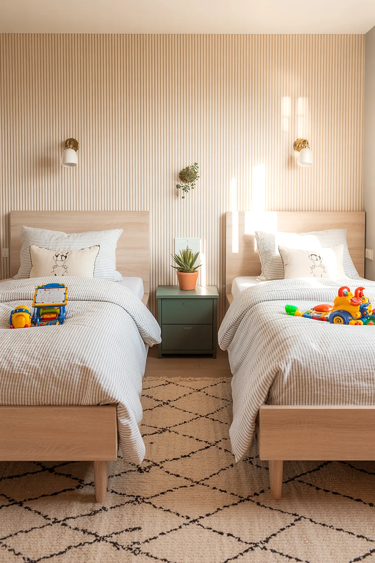 Two twin beds with light wood frames and beige striped bedding separated by a sage green nightstand holding a small potted succulent plant. Beige vertical ribbed textured wall serves as background with brass and white sconces mounted above each bed.