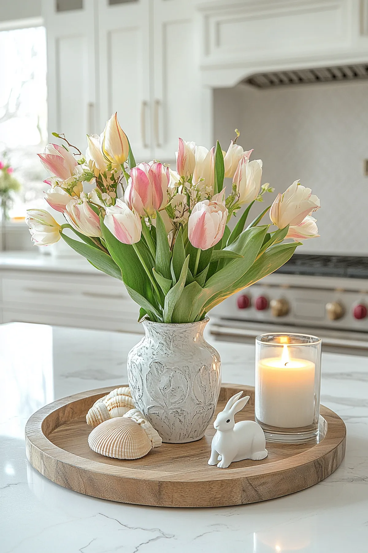 Kitchen countertop with a vase of pink and white tulips, a lit candle, and a white ceramic rabbit.