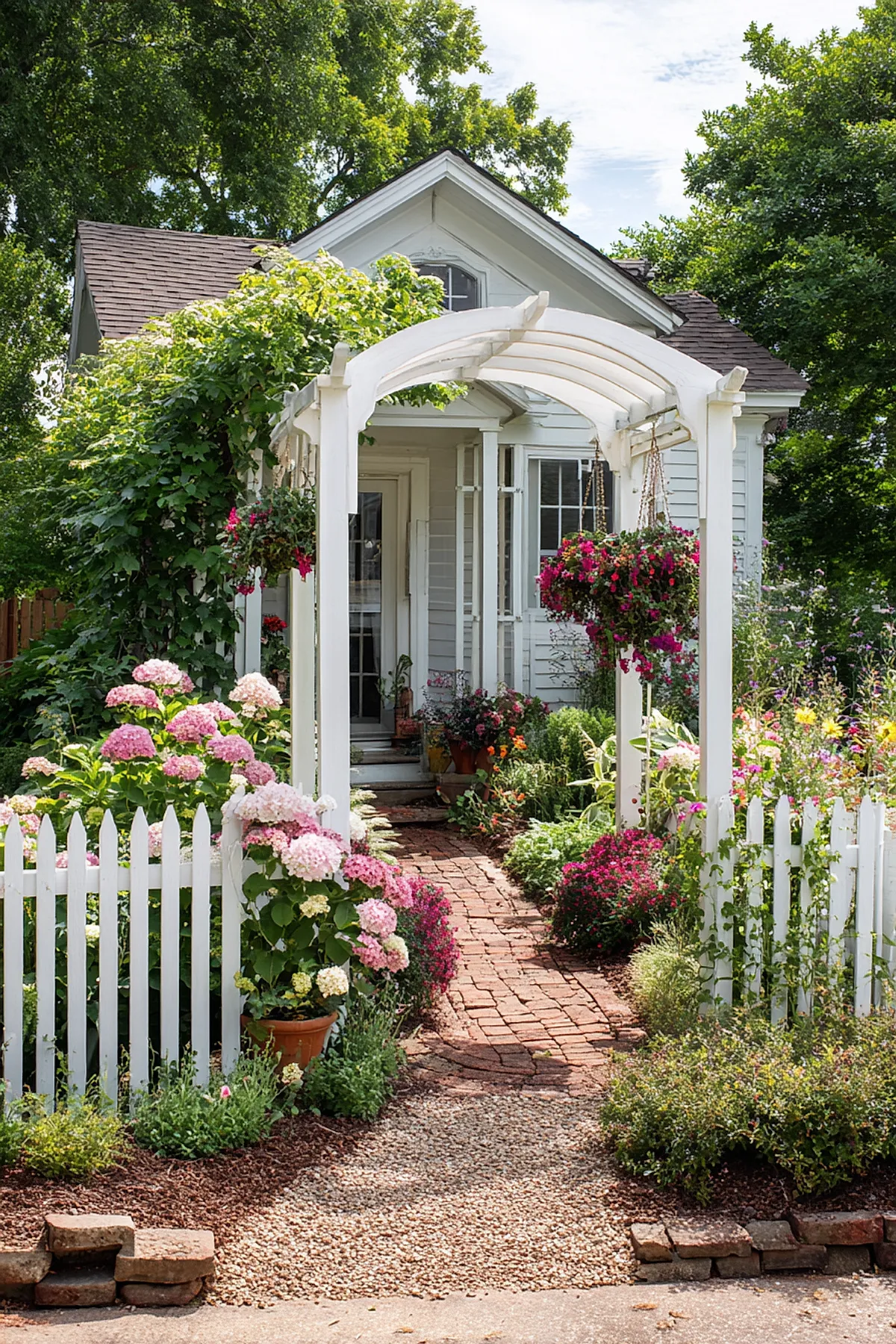 Small front yard landscaping featuring a white picket fence with an arched trellis covered in green vines, pink and white hydrangea bushes, hanging flower baskets with bright pink flowers, a brick pathway leading to the entrance of a white house surrounded by lush greenery and colorful flower beds.