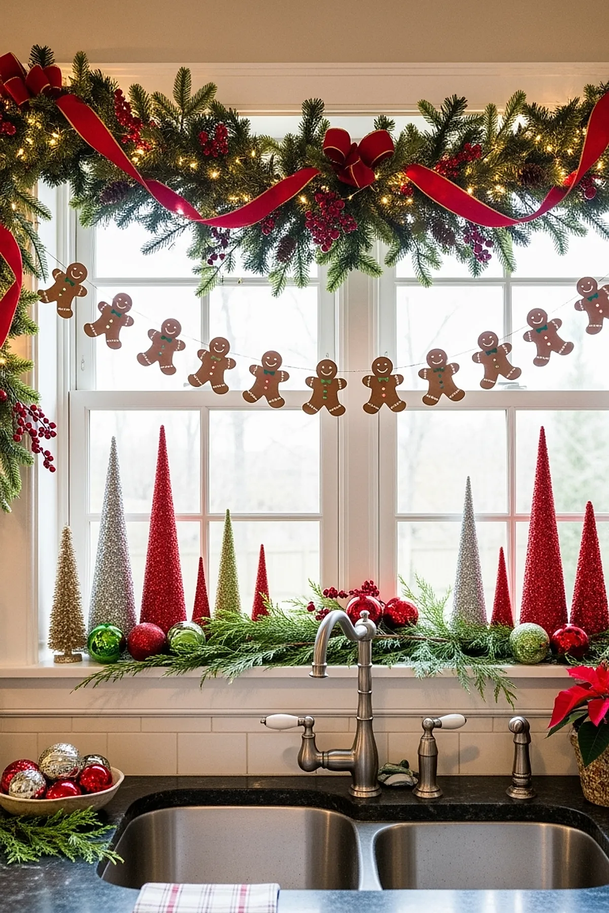 christmas window decorations featuring a gingerbread man garland hanging across a white-framed kitchen window, with various sized glittery cone-shaped Christmas trees in red, silver, gold, and green on the windowsill surrounded by greenery and colorful round ornaments
