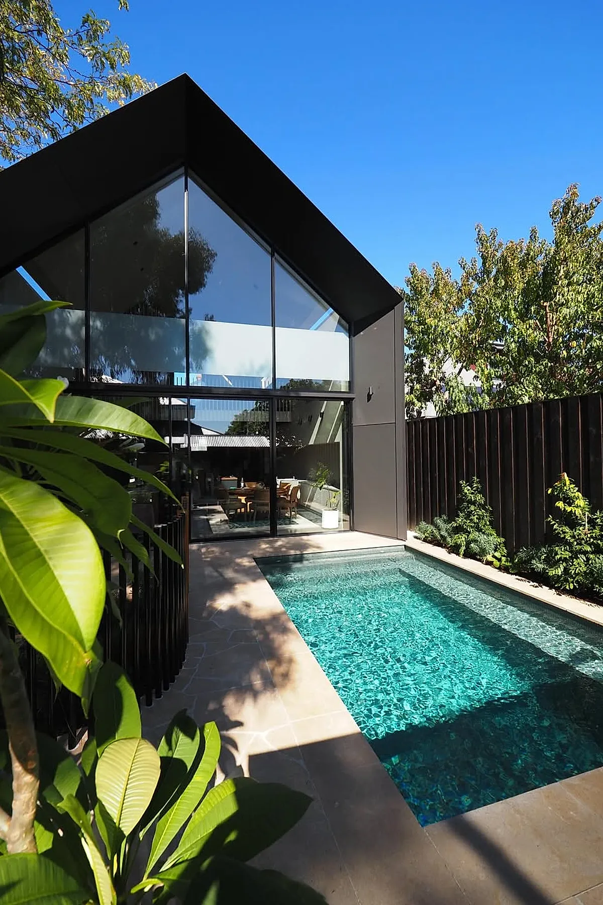 Modern pool deck with light beige stone tiles surrounding a clear blue rectangular swimming pool next to a black-framed glass house with large windows and a dark privacy fence lined with green plants under a bright blue sky.