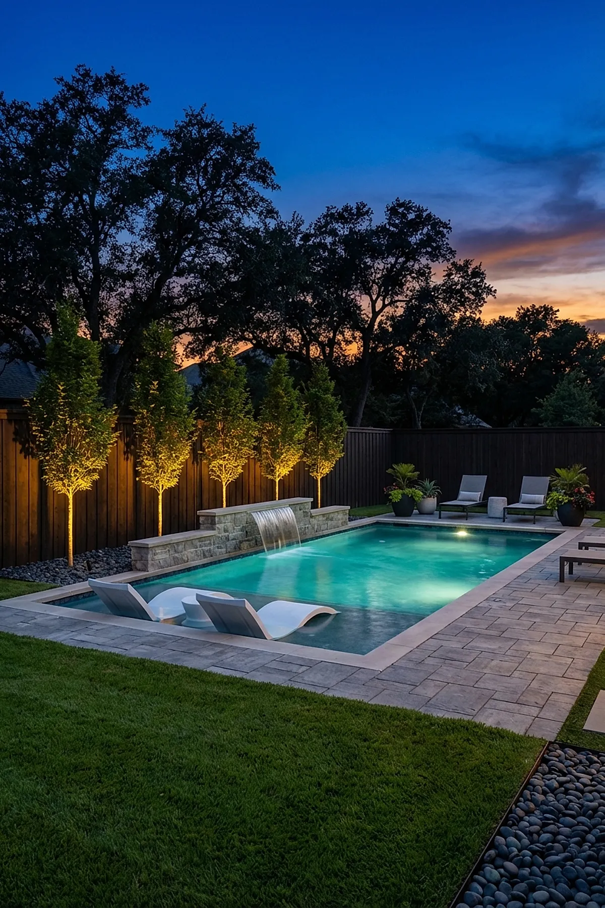 A modern pool deck featuring a rectangular swimming pool with built-in waterfall, two white lounge chairs partially submerged in the shallow end, surrounded by light gray stone tiles and a row of illuminated trees along a dark wooden fence at dusk.