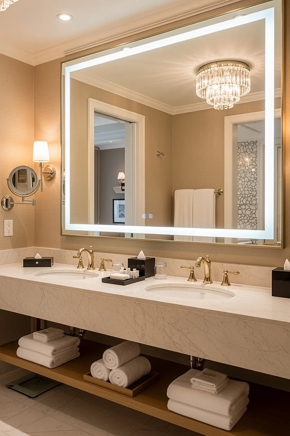 Large rectangular backlit bathroom mirror with a glowing white LED frame above a marble double vanity featuring gold faucets, beige walls, a crystal chandelier on the ceiling, and neatly stacked white towels on an open wooden shelf underneath.