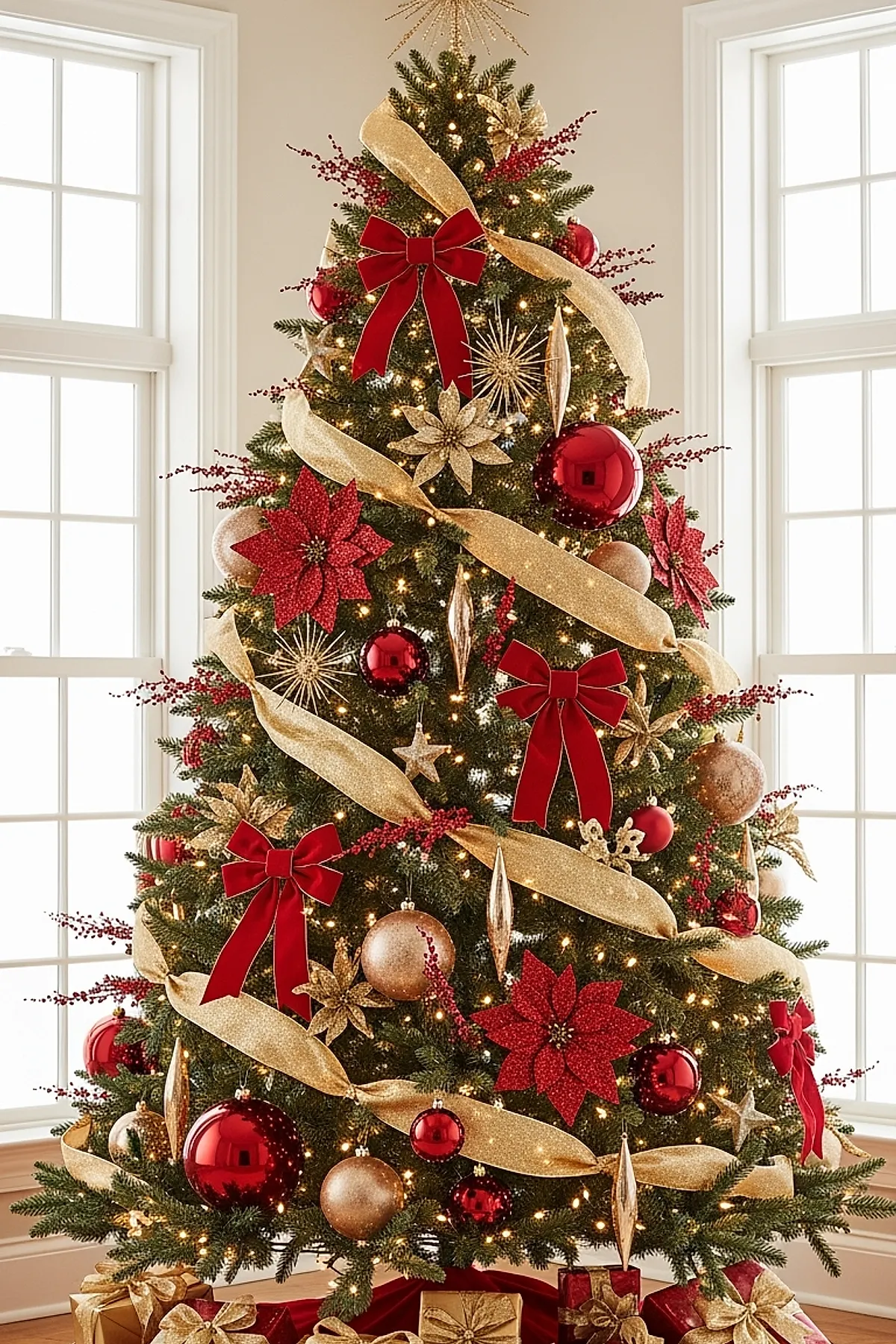 Christmas tree decorated with wide gold glitter ribbons spiraled around green branches, large red poinsettias, red velvet bows, red and gold baubles, clusters of red berries, topped with gold starburst ornament