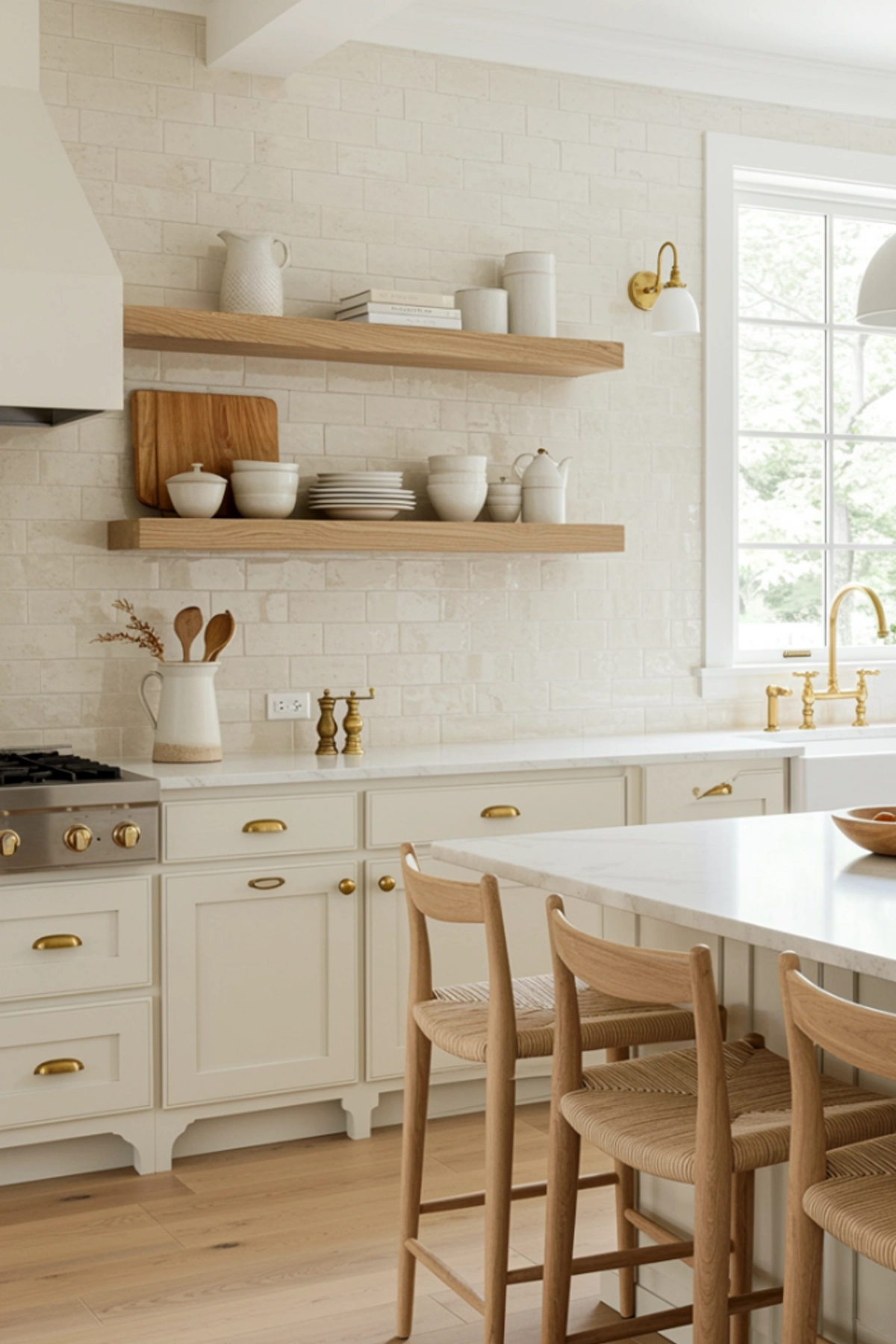 Modern farmhouse kitchen featuring cream cabinets, cream subway tiles, wood shelves, and gold fixtures