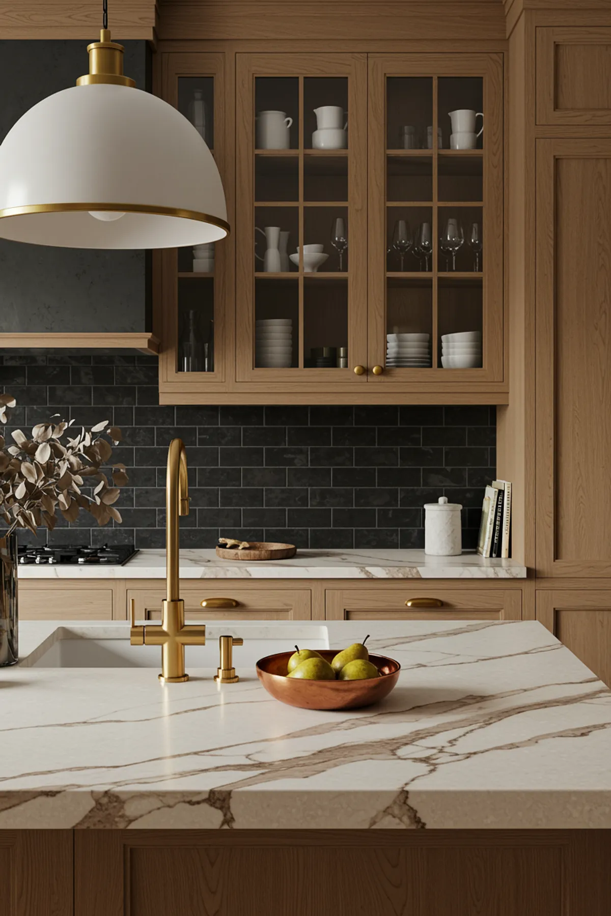 Modern farmhouse kitchen featuring wooden cabinets, gold accents, and a marble countertop with fresh pears.
