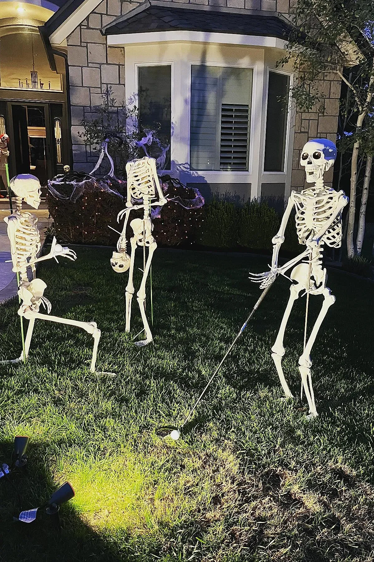 Three white plastic skeletons on green grass at night; one holding a golf club poised to hit a glowing golf ball, another kneeling with hand outstretched, third standing holding skull prop; house and bushes in background.