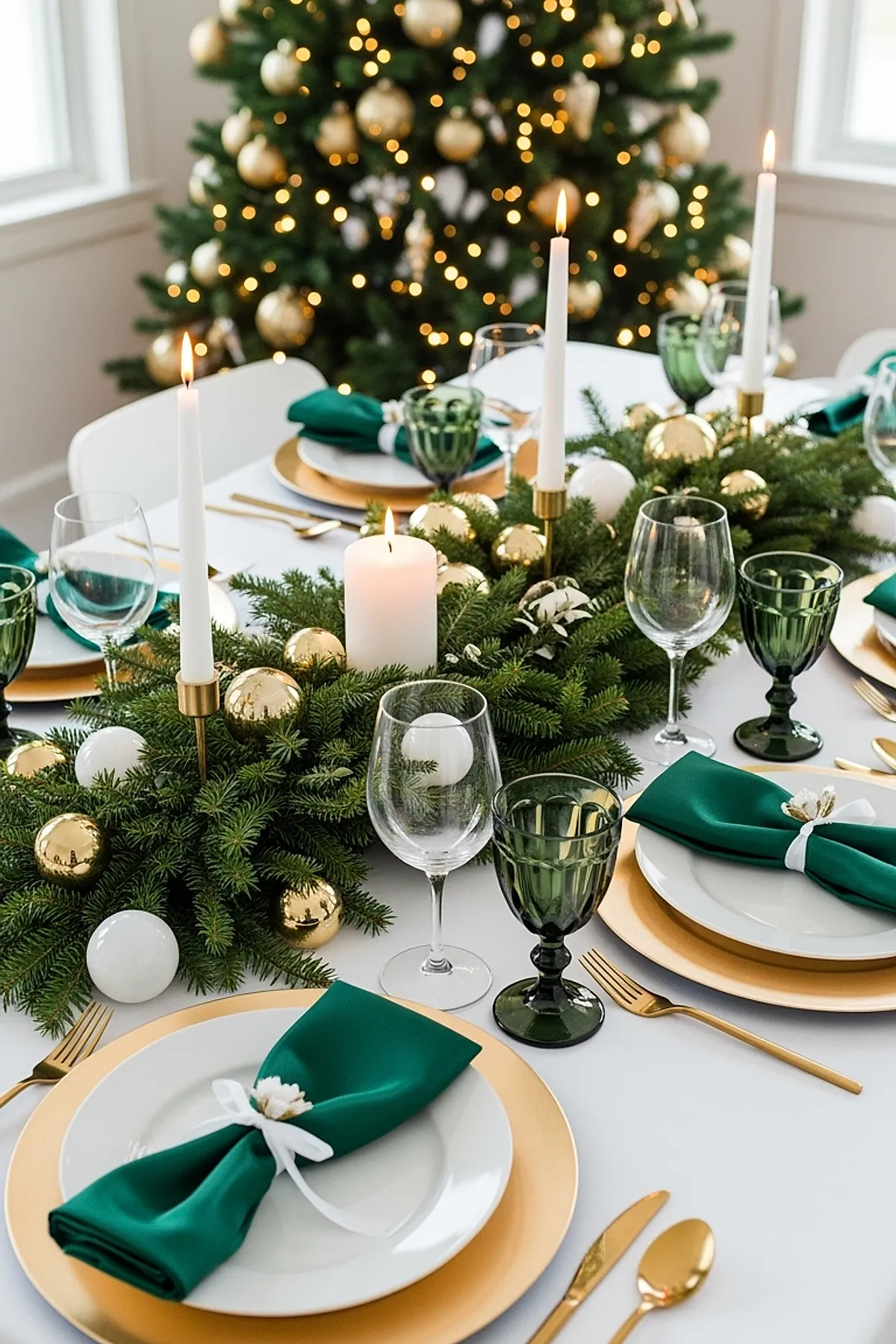 christmas dinner table settings featuring green cloth napkins tied with white ribbons, gold charger plates under white dinner plates, gold flatware, green vintage-style glass goblets, clear wine glasses, and a lush evergreen garland centerpiece decorated with white and gold baubles and white candles on a white tablecloth with a decorated Christmas tree in the background.
