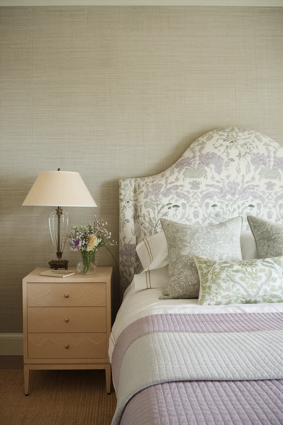 Serene bedroom with floral-patterned headboard, beige wallpaper, wooden nightstand, beige lampshade, and textured rug.