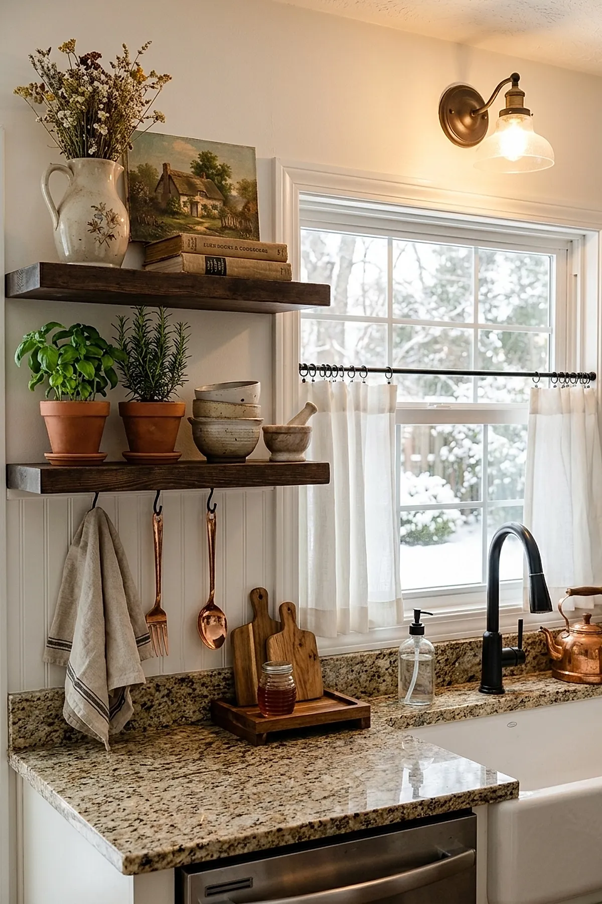 Cozy cottage kitchen featuring two dark wooden floating shelves holding potted herbs, ceramic bowls, dried flowers in a decorative pitcher, stacked vintage books, and copper utensils hanging beneath the lower shelf; white wainscoting walls, granite countertop with a black faucet under a window with white curtains.
