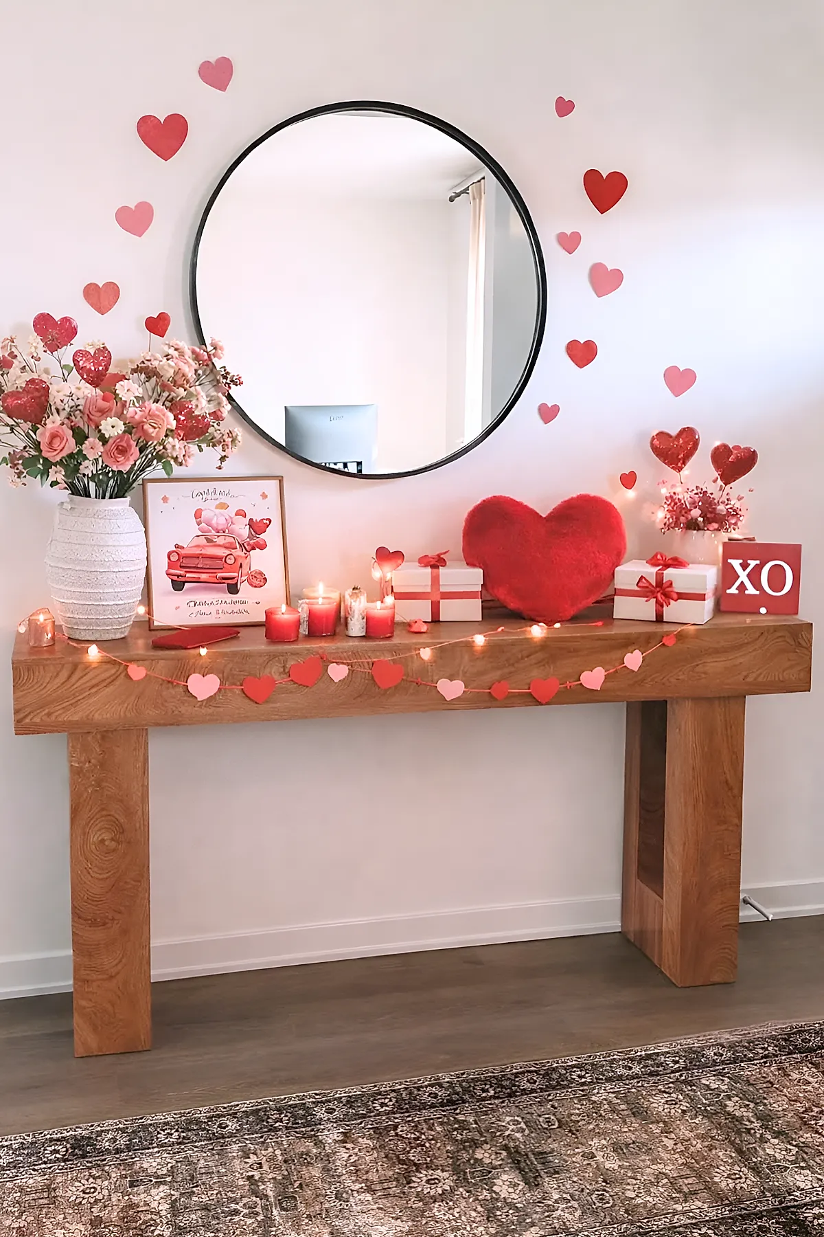 Wooden console table decorated with red and pink heart garlands, multiple lit red candles, two wrapped white gift boxes with red ribbons, a large fluffy red heart pillow, a bouquet of pink flowers with red glitter hearts in a white vase, and a small