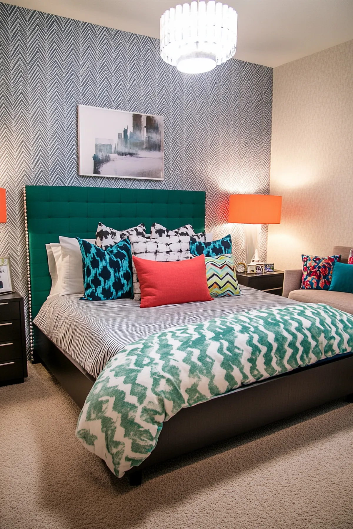 Contemporary bedroom with herringbone wallpaper, patterned pillows, and cityscape artwork.
