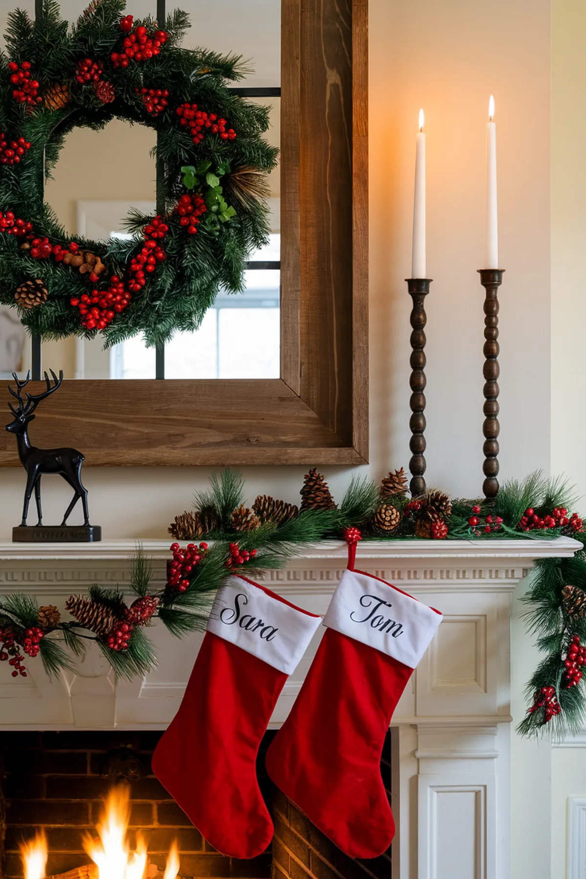 A cozy living room decorated for the holidays, featuring a wooden mirror frame adorned with a lush wreath made of pine branches, red berries, and pinecones. To the right of the mirror are two tall candlesticks holding white candles. Below the mirror, a white fireplace crackles with a roaring fire, and two personalized red stockings hang from the mantel decorated with pine garlands and more red berries and pinecones. A black deer figurine sits on the left side of the mantel, contributing to the rooms warm ambiance enhanced by the glow of the fire.