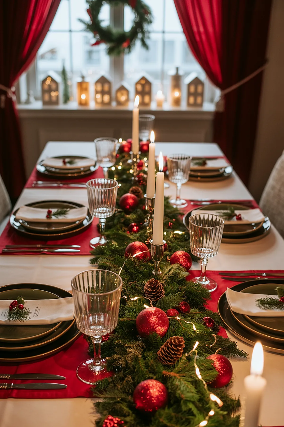 christmas dinner table settings featuring a white tablecloth with red placemats, stacked green plates with white napkins decorated with pine sprigs and red berries, clear ribbed glassware, a centerpiece of lush evergreen garland adorned with red baubles and pinecones, lit white taper candles in silver holders, set against a window with a wreath and small illuminated decorative houses.