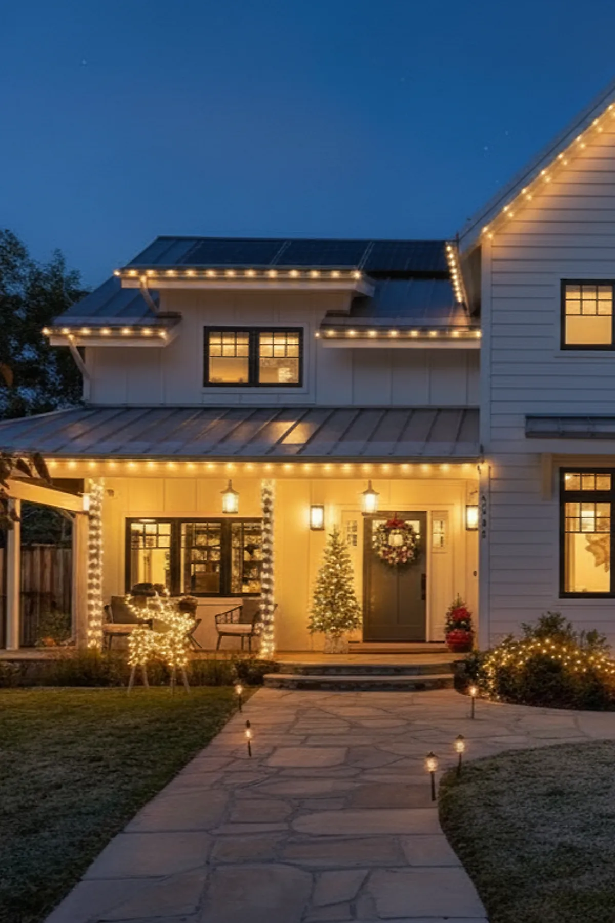 White house exterior with warm white christmas lights outlining roof edges and porch columns wrapped in lights; a decorated wreath hangs on the front door, a lit small Christmas tree stands beside it, and a reindeer figure covered in warm white lights sits on the lawn near the stone pathway leading to the porch.