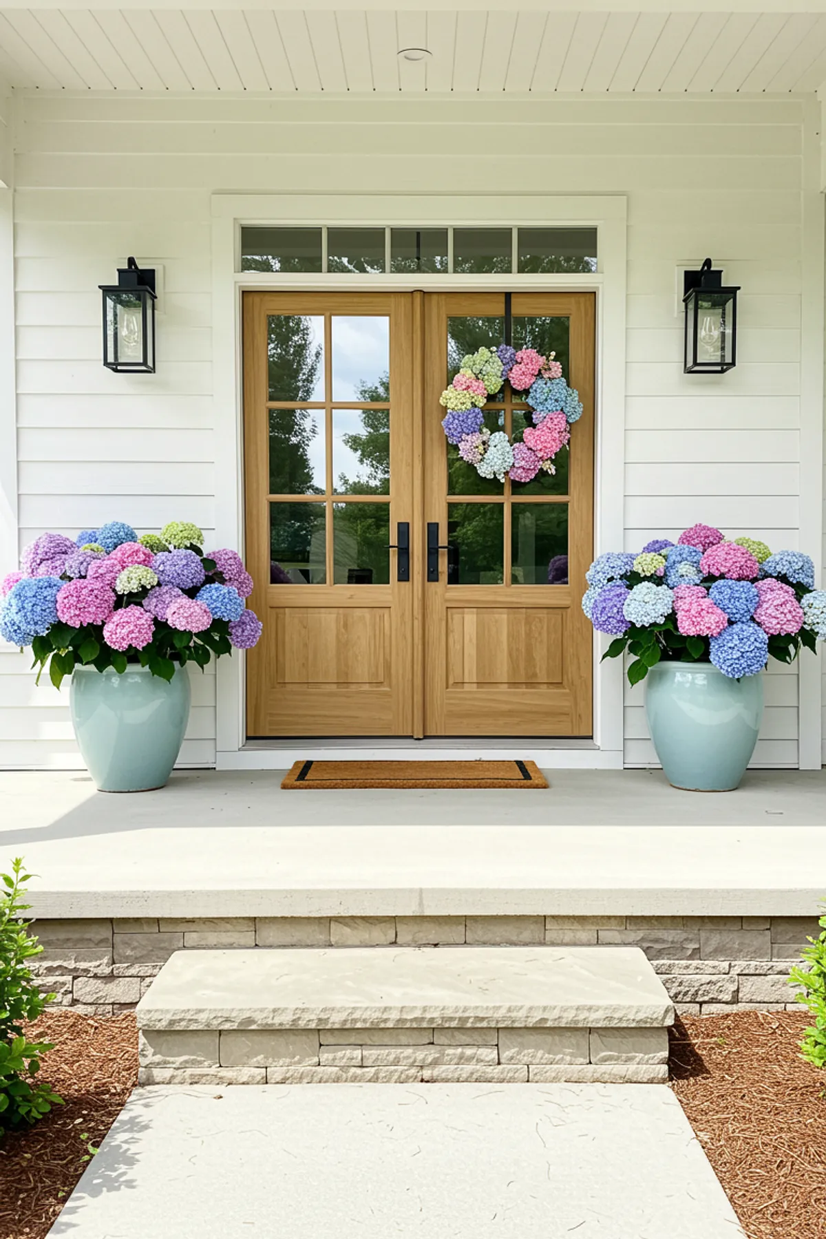 Front porch featuring wooden double doors, a pastel floral wreath, and large hydrangea planters.