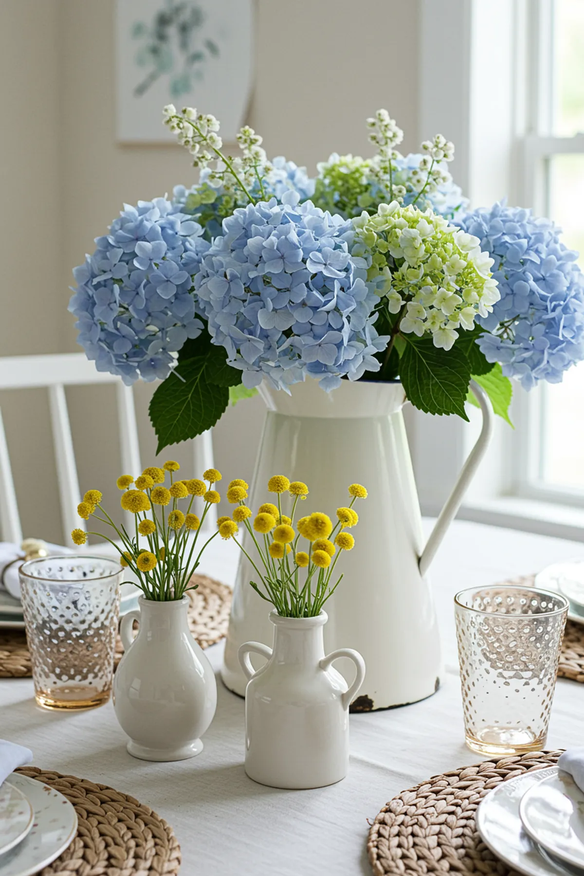 A dining table centerpiece featuring blue hydrangeas and yellow flowers in white vases.