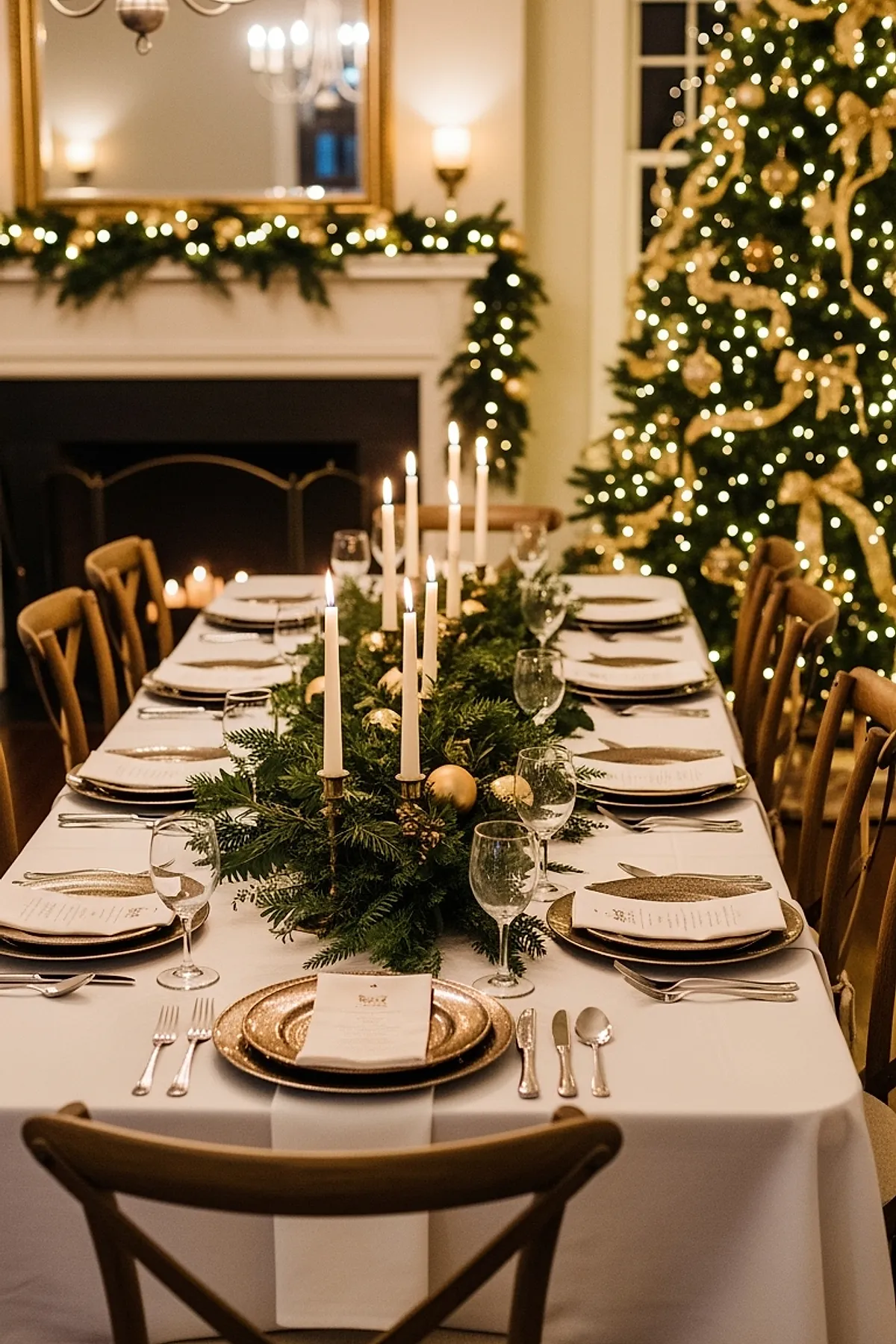 christmas dinner table settings with a white tablecloth, gold plates, white napkins, silver cutlery, clear wine glasses, a lush green garland centerpiece decorated with gold baubles and pinecones, tall white taper candles in brass holders running down the center of the table, wooden chairs around the table, a decorated christmas tree with gold ribbon and lights in the background, and a fireplace mantle adorned with garlands and fairy lights.