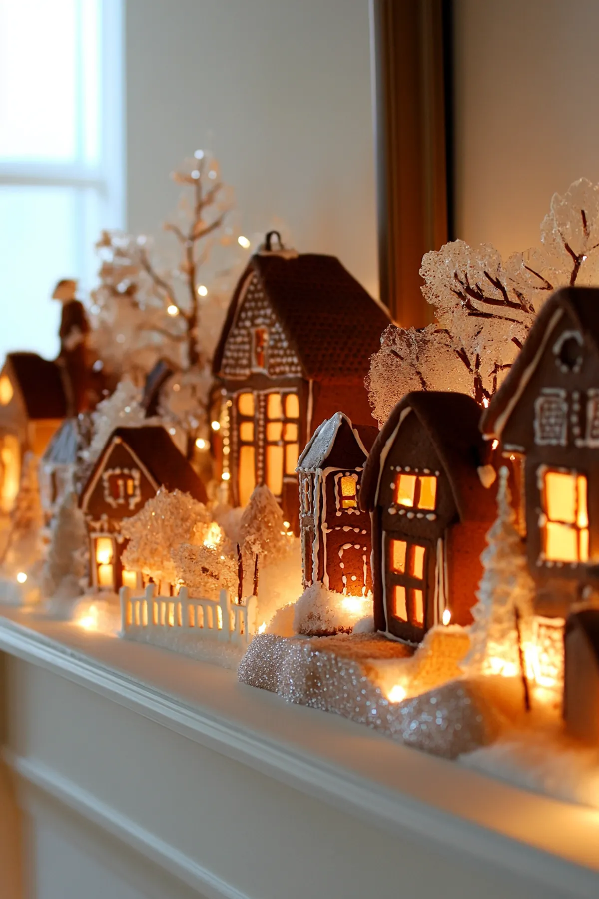 Illuminated gingerbread village with intricate houses, surrounded by snow-covered trees and fairy lights, set on a white surface near a window.