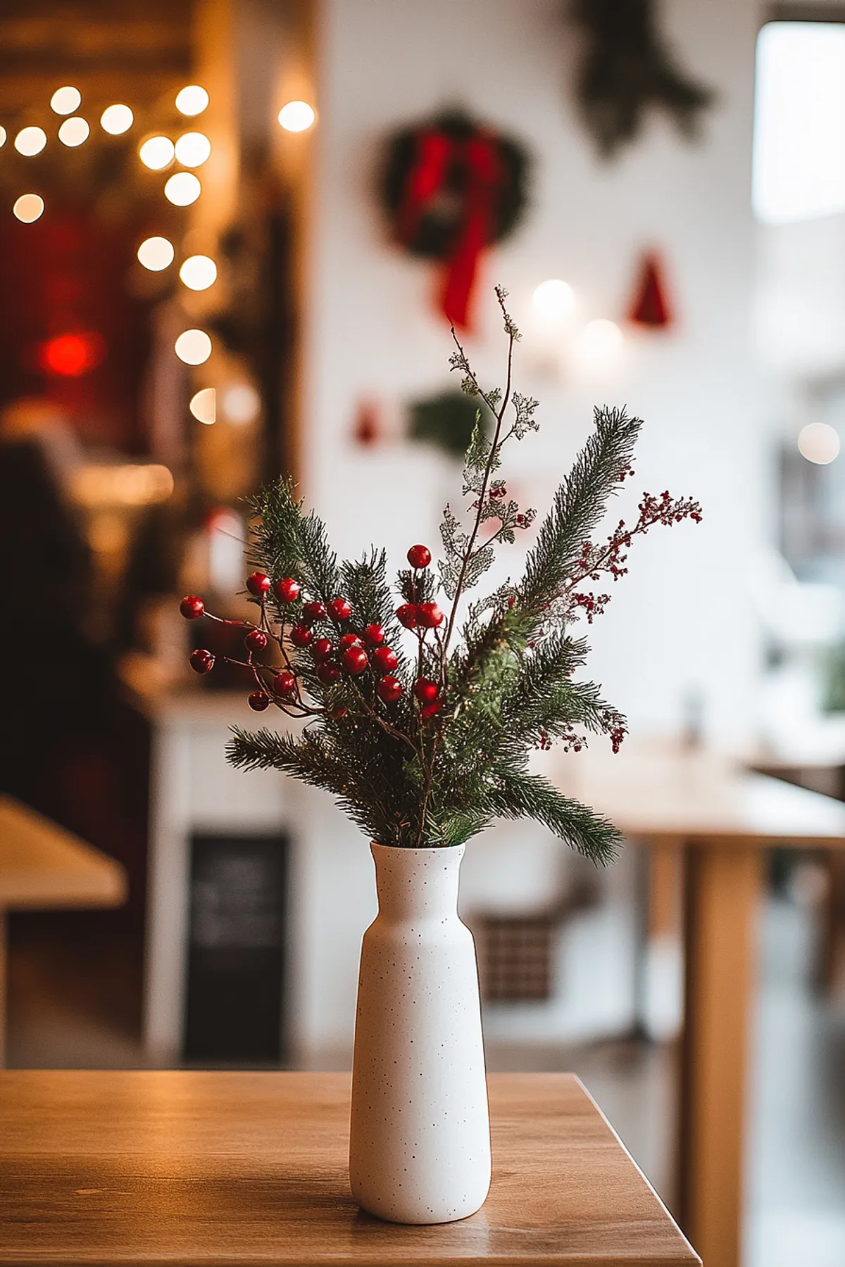 An indoor setting that appears to be a cafe or cozy home features a white vase filled with evergreen branches and red berries on a wooden table in the foreground. The background showcases a warmly lit room with bokeh lights, a chalkboard menu, and a blurred figure, suggesting the presence of either a customer or staff member. The atmosphere hints at a festive holiday theme, enhancing the inviting vibe of the space.