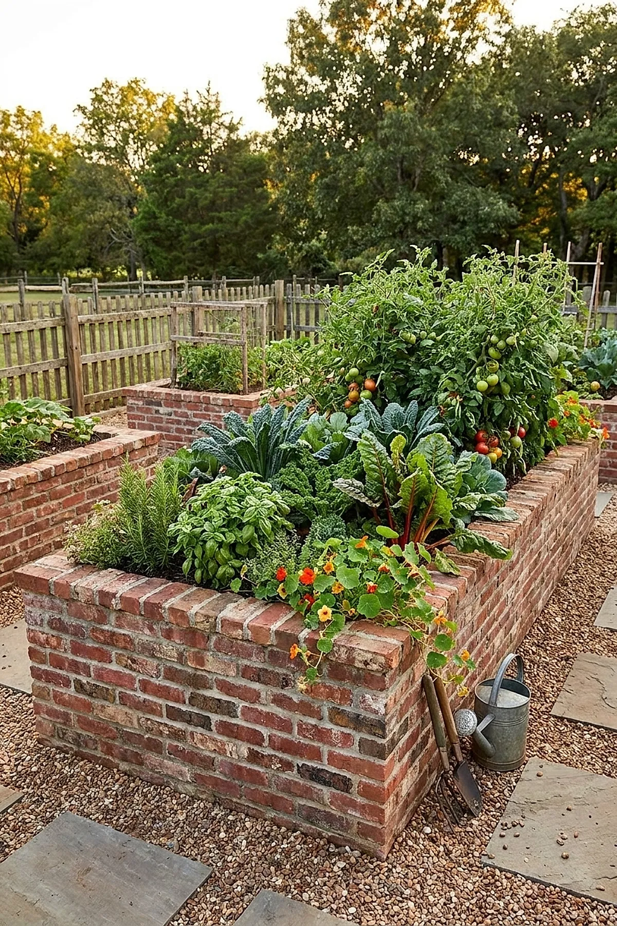 Brick raised garden bed packed with leafy greens, herbs, and tomato plants, surrounded by gravel paths and rustic wooden fencing, with gardening tools and a watering can resting against the planter.