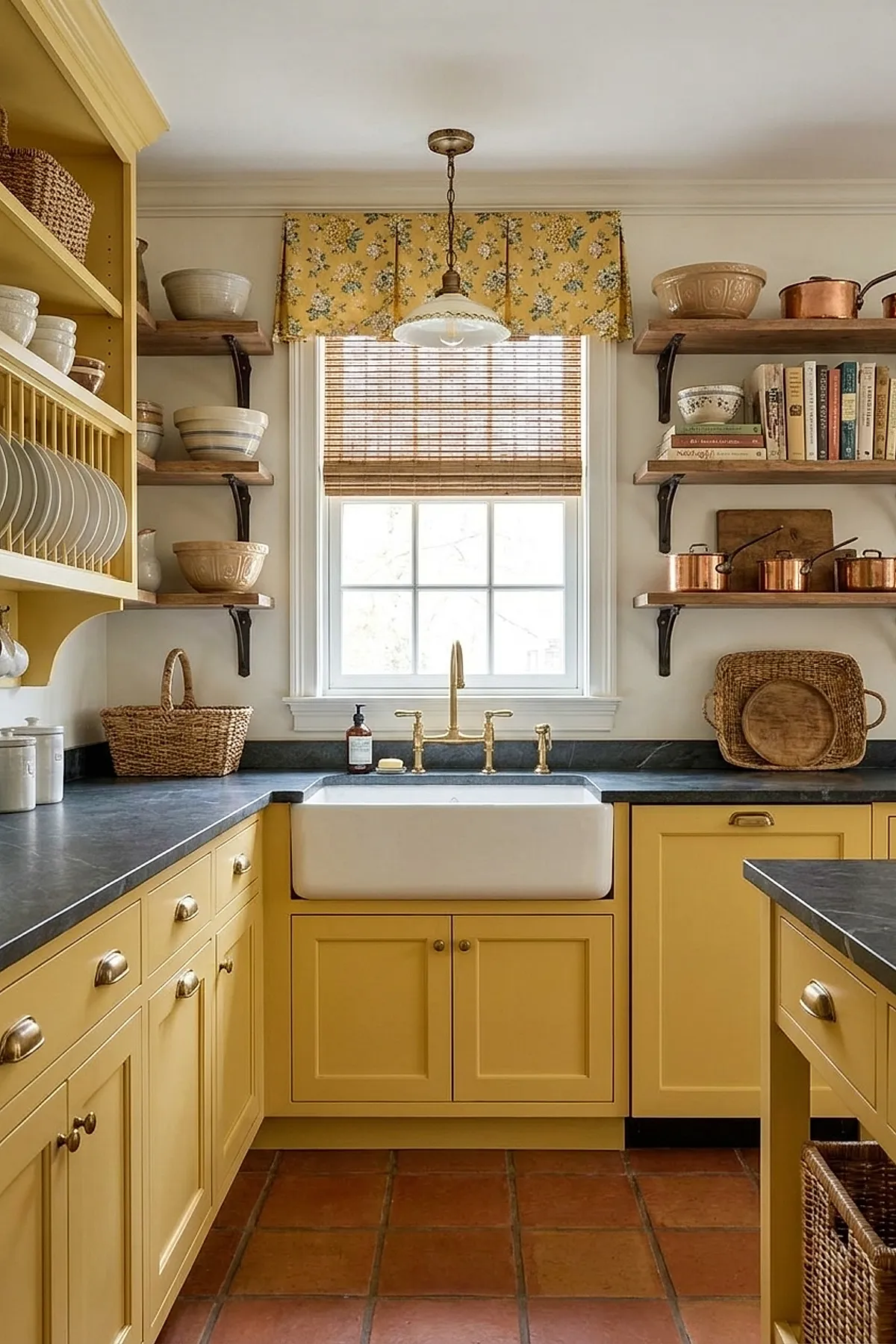 Yellow cottage kitchen with light yellow cabinetry, dark stone countertops, a white farmhouse sink with brass faucet, woven baskets on the counter and shelves, wooden open shelving holding pottery and copper cookware, and a window with floral yellow valance and bamboo blinds.