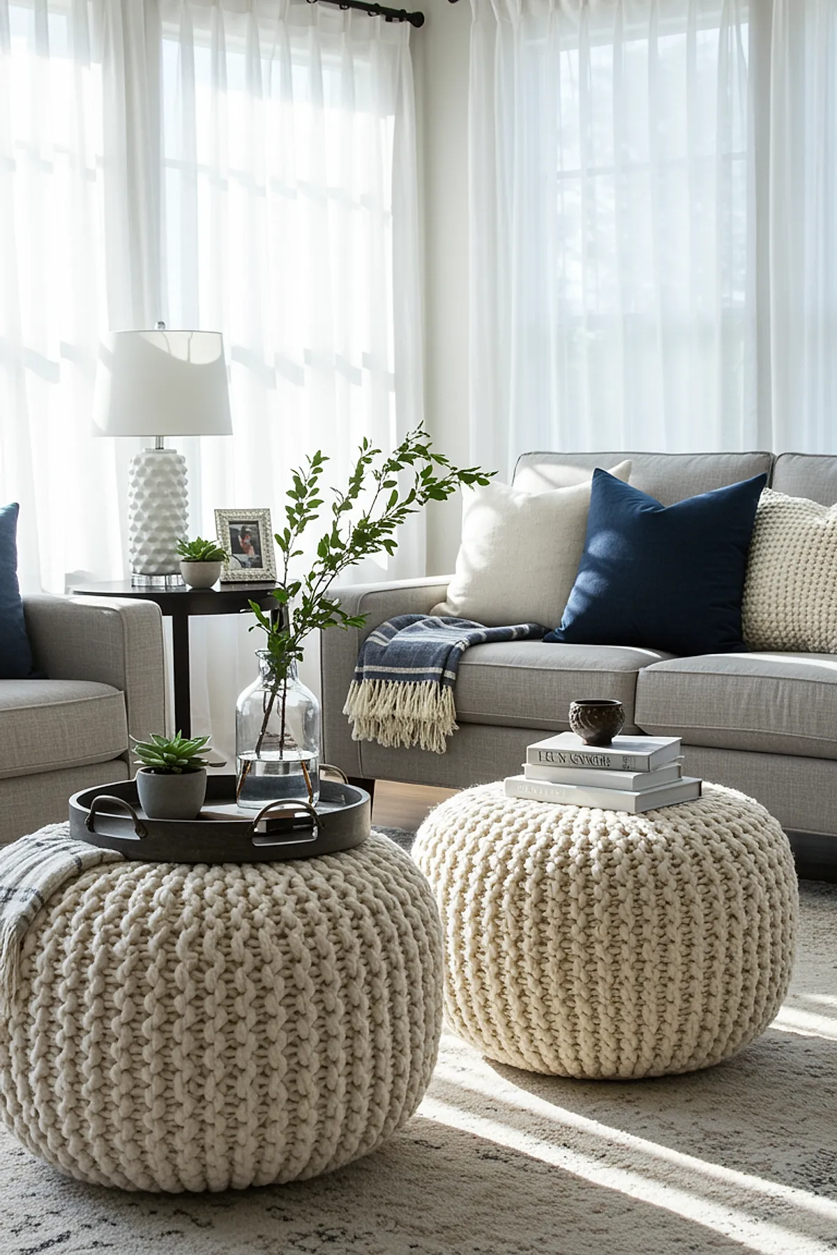 Gray couch with blue and cream pillows, knitted ottomans, sheer curtains, and side table with plants in a sunlit living room.